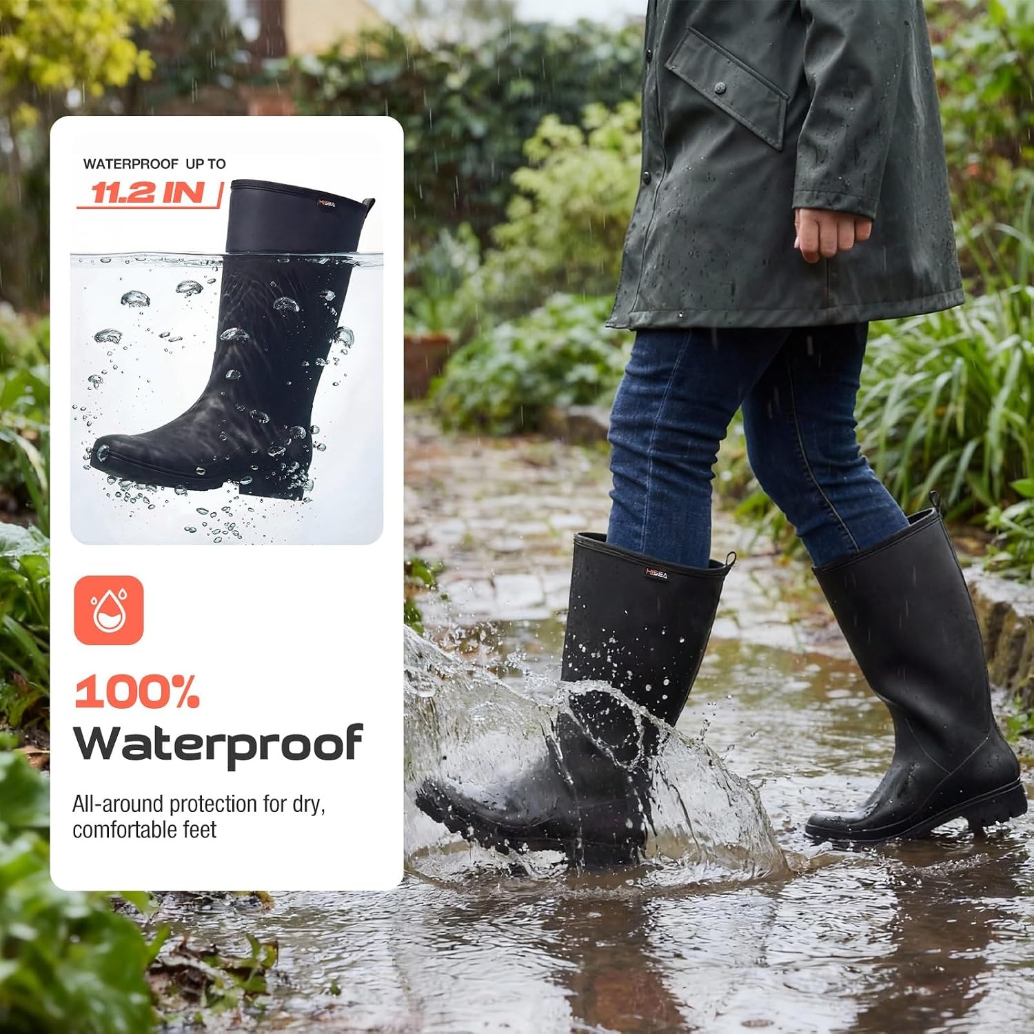 image:imageHISEA Wide Calf Rubber Boots Tall Rain Boots Seamless Matte Surface Waterproof PVC Rainboots for Women Gardening Farming Walking Dogs Womens Rain FootwearBlack