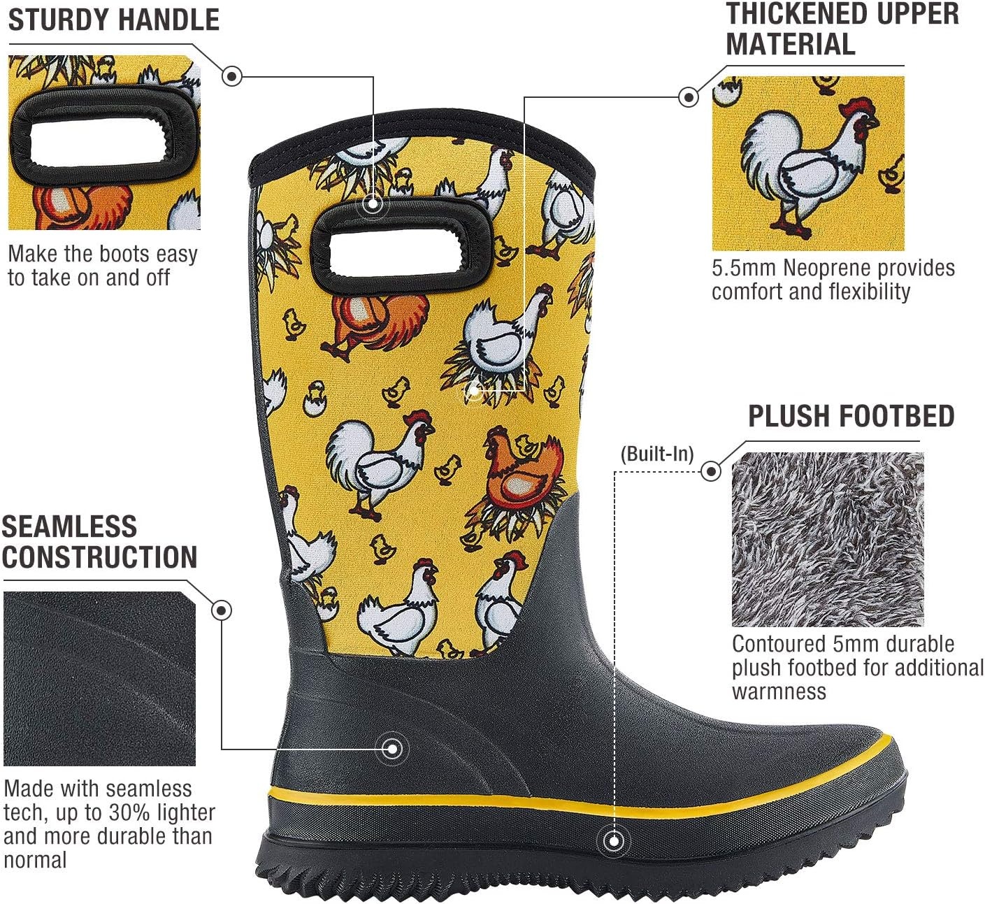 image:imageHISEA Women Mud Boots Neoprene Rubber Garden Shoes Waterproof Mid Calf Rain Boots for OutdoorYellow Chicken