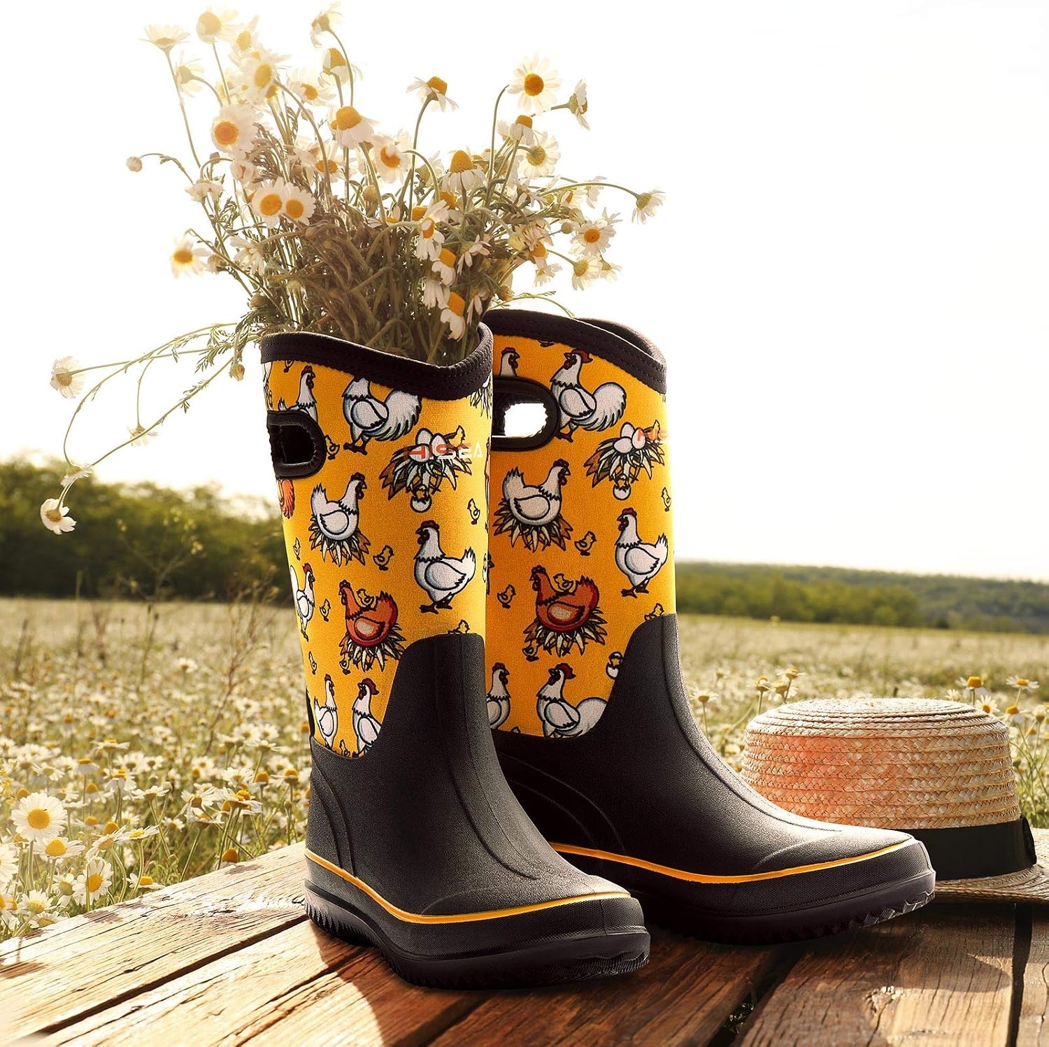 image:imageHISEA Women Mud Boots Neoprene Rubber Garden Shoes Waterproof Mid Calf Rain Boots for OutdoorYellow Chicken