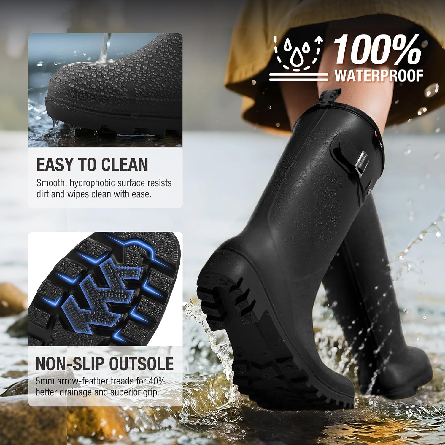 image:imageHISEA Women Rain Boots Slim Calf Fashion Waterproof PVC Rubber Boot Tall Rainboots Matte Surface Womens Rain Footwear for Ladies Outdoor Work WalkingBlackslim Calf