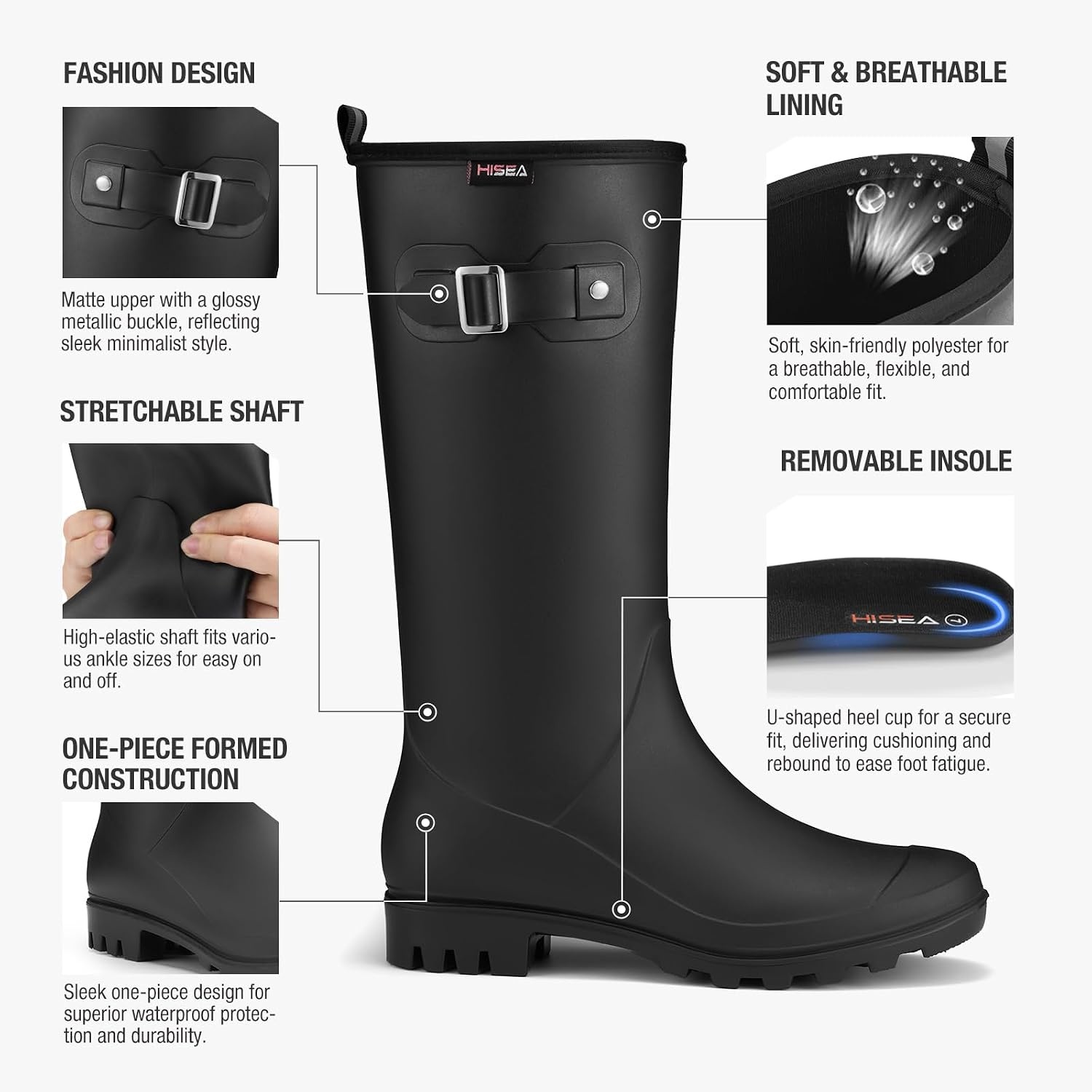 image:imageHISEA Women Rain Boots Slim Calf Fashion Waterproof PVC Rubber Boot Tall Rainboots Matte Surface Womens Rain Footwear for Ladies Outdoor Work WalkingBlackslim Calf