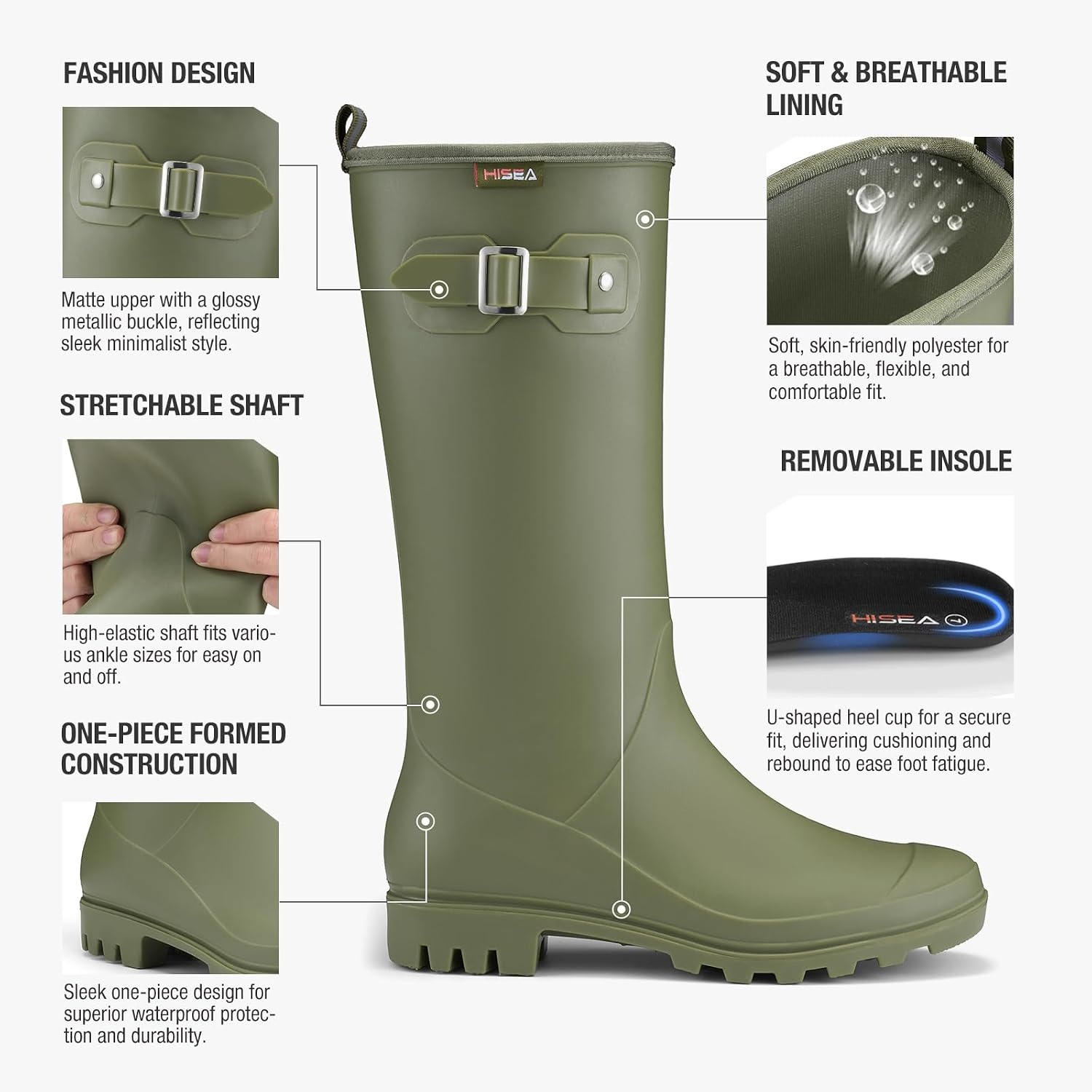 image:imageHISEA Women Rain Boots Slim Calf Fashion Waterproof PVC Rubber Boot Tall Rainboots Matte Surface Womens Rain Footwear for Ladies Outdoor Work WalkingOlive Greenslim Calf