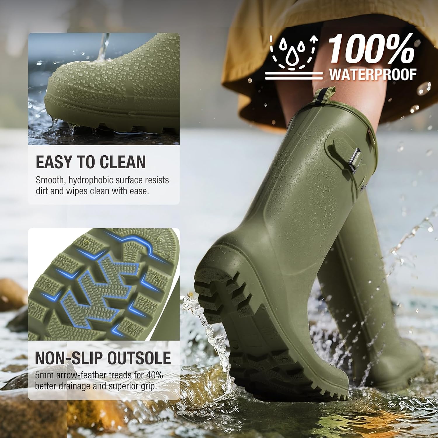 image:imageHISEA Women Rain Boots Slim Calf Fashion Waterproof PVC Rubber Boot Tall Rainboots Matte Surface Womens Rain Footwear for Ladies Outdoor Work WalkingOlive Greenslim Calf