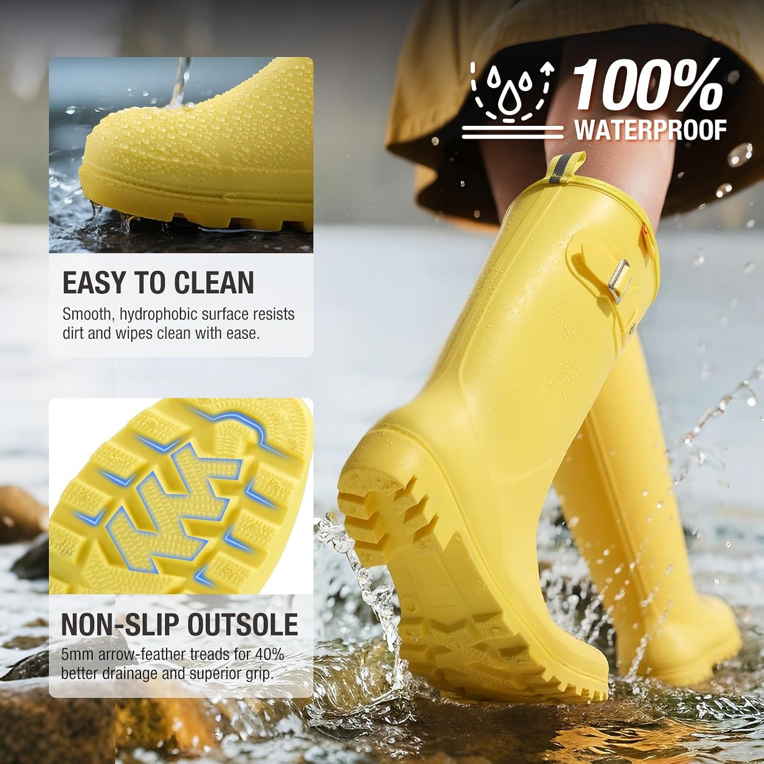 image:imageHISEA Women Rain Boots Slim Calf Fashion Waterproof PVC Rubber Boot Tall Rainboots Matte Surface Womens Rain Footwear for Ladies Outdoor Work WalkingYellowslim Calf