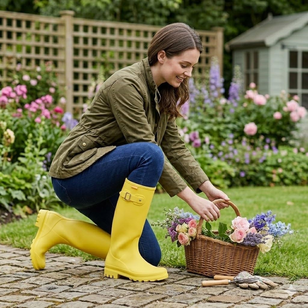 image:imageHISEA Women Rain Boots Slim Calf Fashion Waterproof PVC Rubber Boot Tall Rainboots Matte Surface Womens Rain Footwear for Ladies Outdoor Work WalkingYellowslim Calf