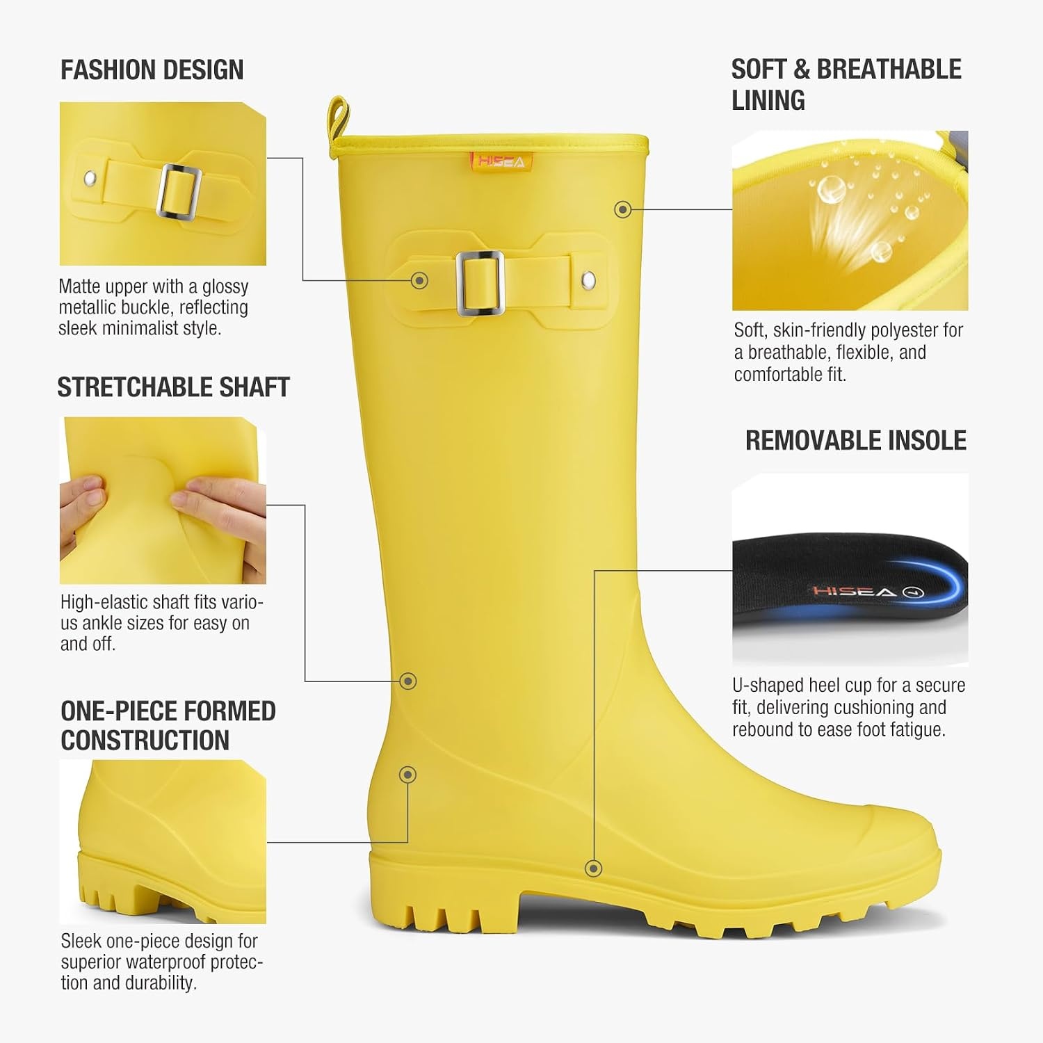 image:imageHISEA Women Rain Boots Slim Calf Fashion Waterproof PVC Rubber Boot Tall Rainboots Matte Surface Womens Rain Footwear for Ladies Outdoor Work WalkingYellowslim Calf