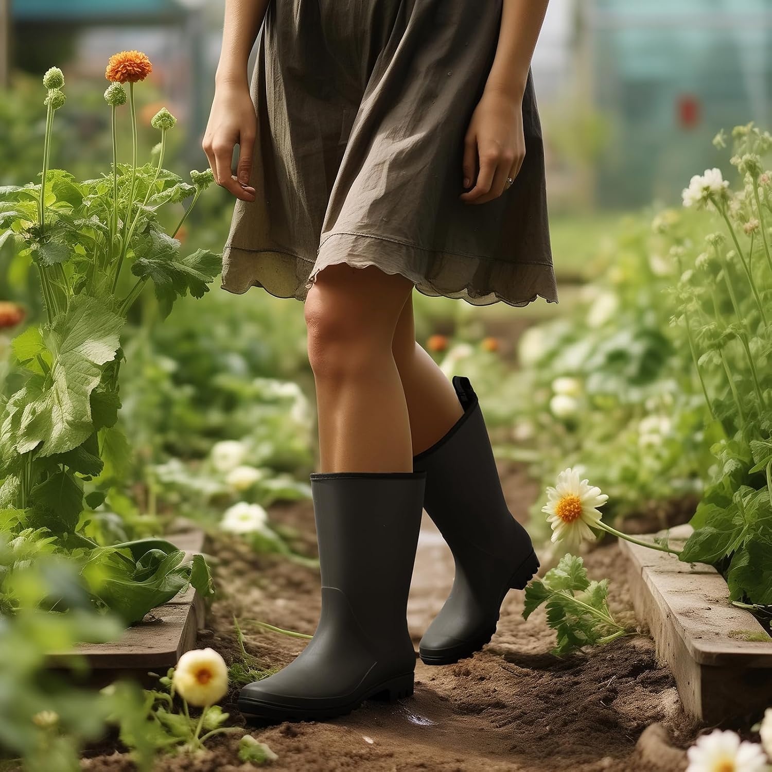image:imageHISEA Women Rubber Boots Wide Calf Rain Boots Matte Surface Waterproof PVC Rubber Rain Boot Mid Height Rain Shoes for Outdoor Gardening Work WalkingBlack