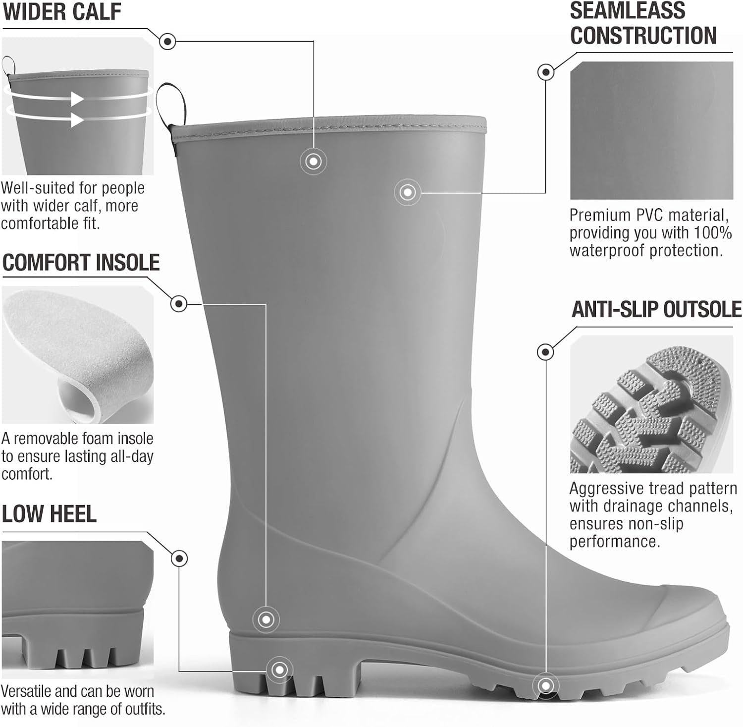 image:imageHISEA Women Rubber Boots Wide Calf Rain Boots Matte Surface Waterproof PVC Rubber Rain Boot Mid Height Rain Shoes for Outdoor Gardening Work WalkingGrey