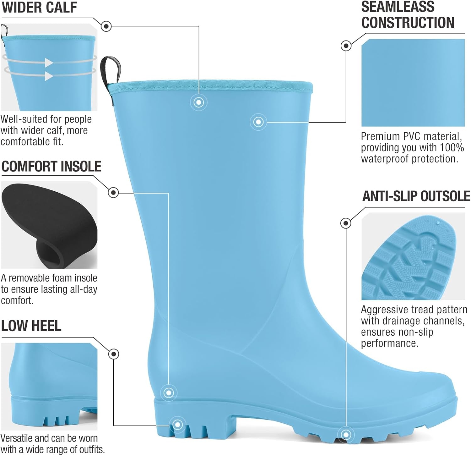 image:imageHISEA Women Rubber Boots Wide Calf Rain Boots Matte Surface Waterproof PVC Rubber Rain Boot Mid Height Rain Shoes for Outdoor Gardening Work WalkingLight Blue