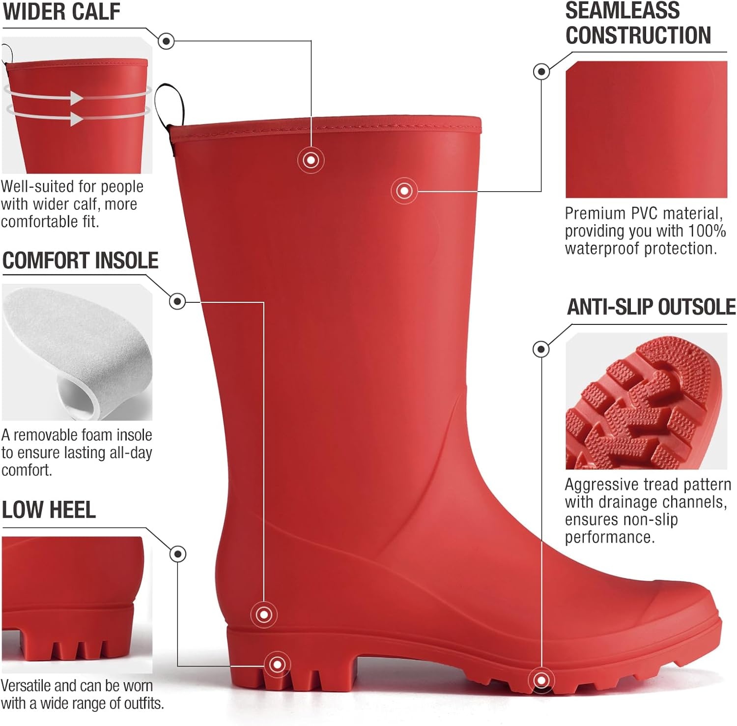 image:imageHISEA Women Rubber Boots Wide Calf Rain Boots Matte Surface Waterproof PVC Rubber Rain Boot Mid Height Rain Shoes for Outdoor Gardening Work WalkingRed