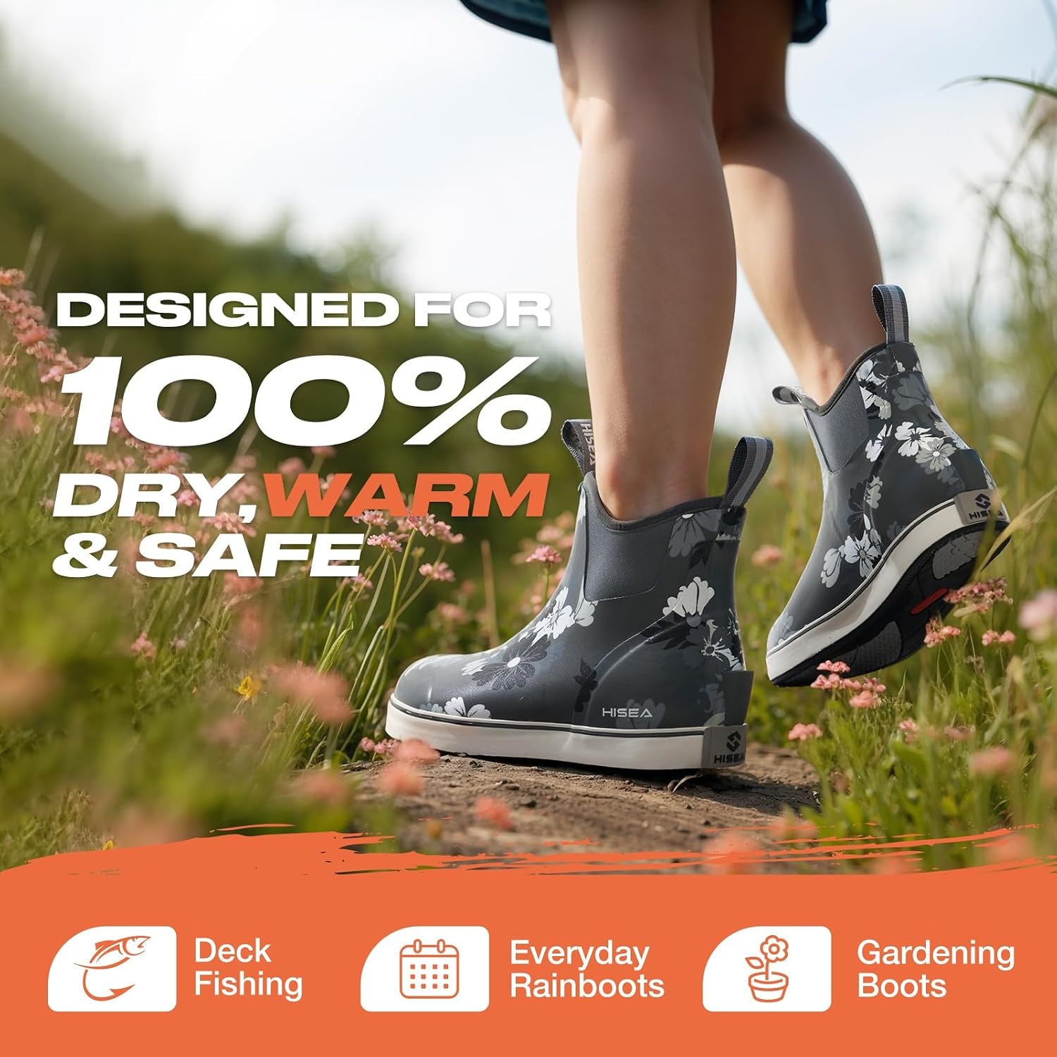 image:imageHISEA Womens Ankle Rain Boots Rubber Fishing Deck Boots Garden Boots for Women WaterproofGrey Flower