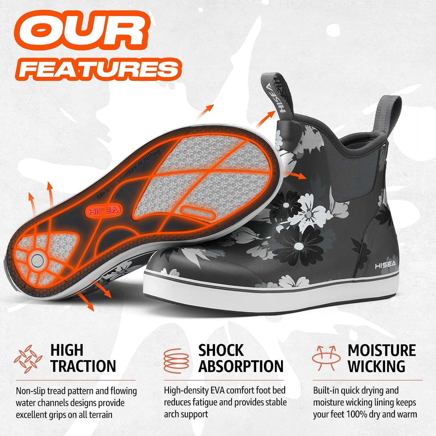 image:imageHISEA Womens Ankle Rain Boots Rubber Fishing Deck Boots Garden Boots for Women WaterproofGrey Flower