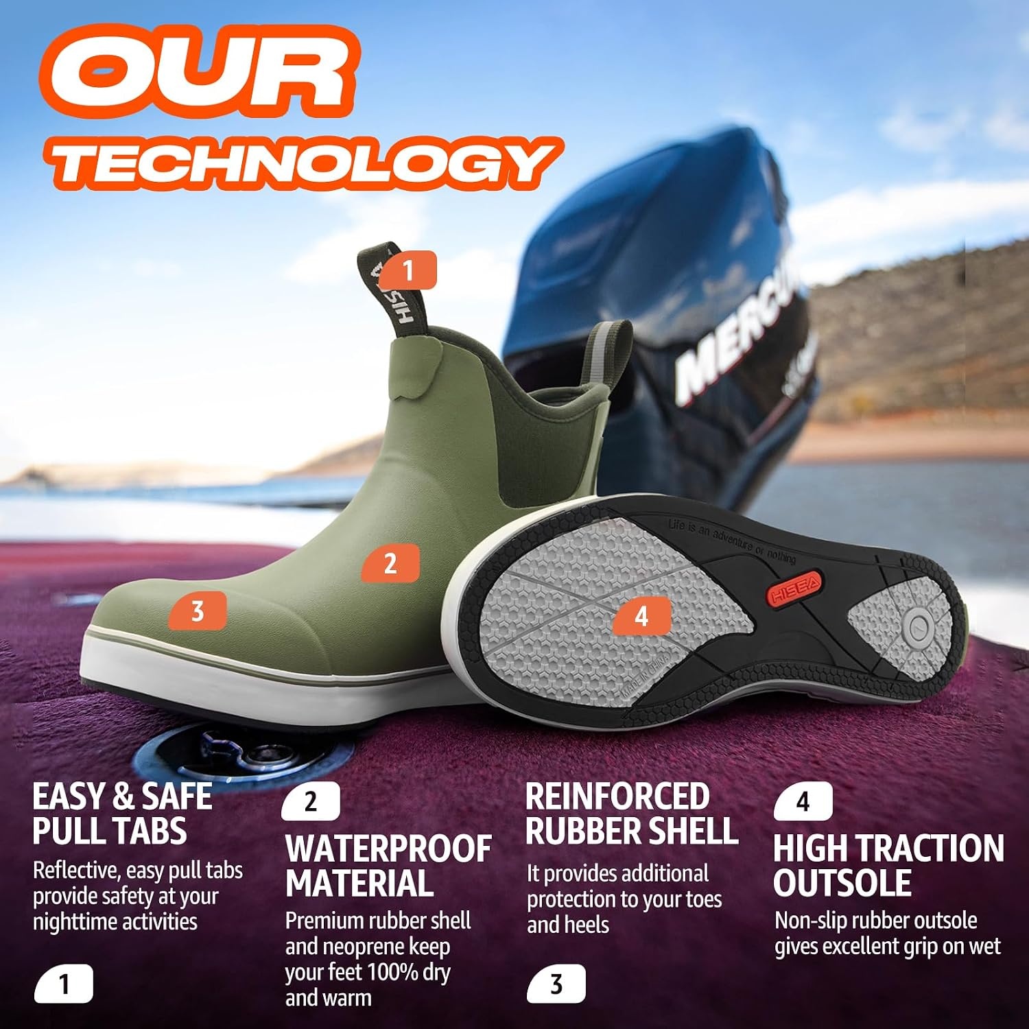 image:imageHISEA Womens Ankle Rain Boots Rubber Fishing Deck Boots Garden Boots for Women WaterproofOlive Green