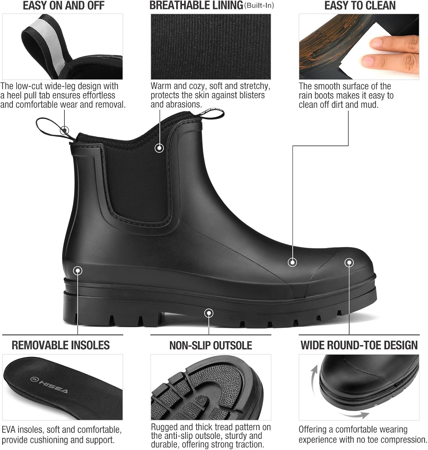 image:imageHISEA Womens Chelsea Rubber Rain Boots Ankle Rain Boots Waterproof Women Neoprene Short Garden Boots Choose Size UpBlack