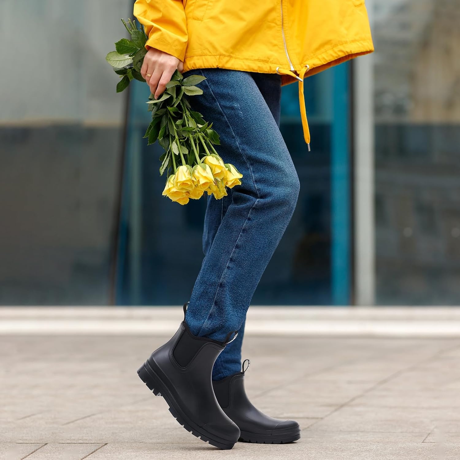 image:imageHISEA Womens Chelsea Rubber Rain Boots Ankle Rain Boots Waterproof Women Neoprene Short Garden Boots Choose Size UpBlack