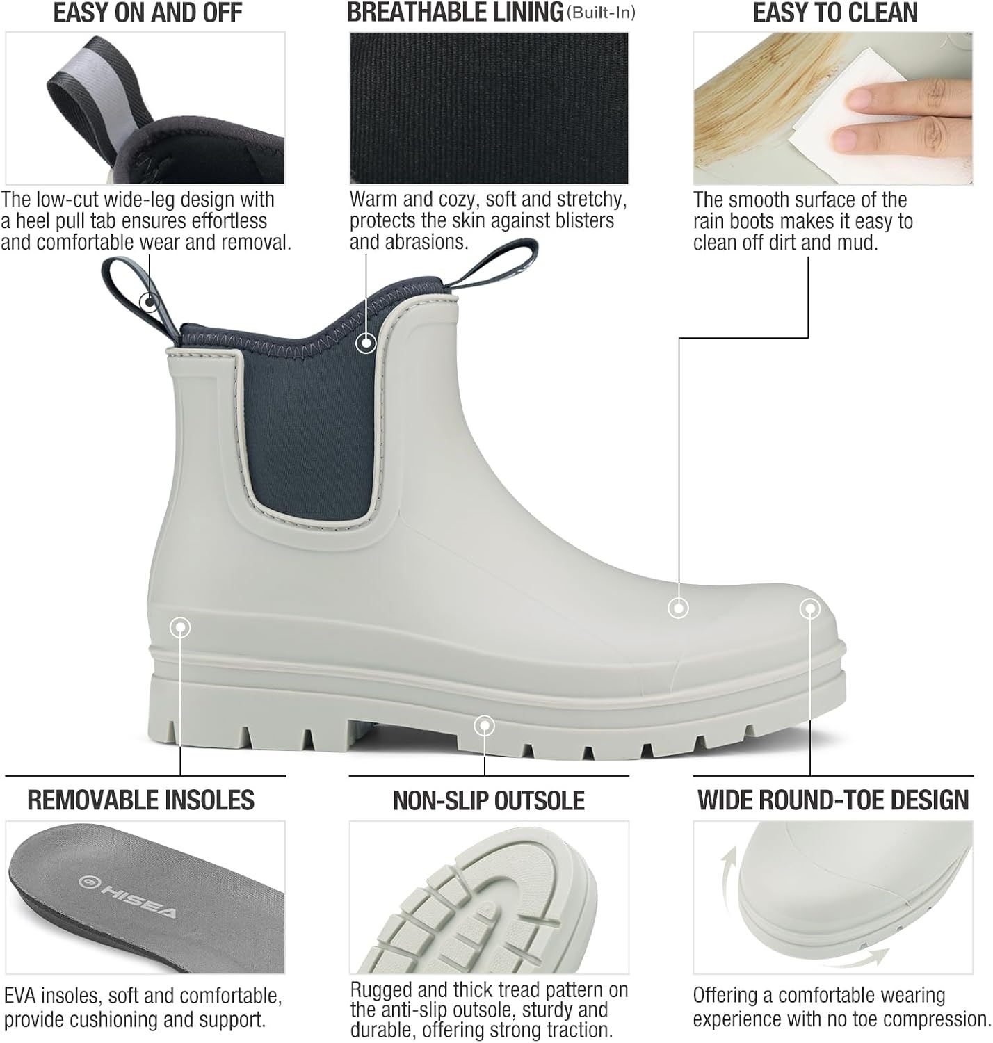 image:imageHISEA Womens Chelsea Rubber Rain Boots Ankle Rain Boots Waterproof Women Neoprene Short Garden Boots Choose Size UpGrey