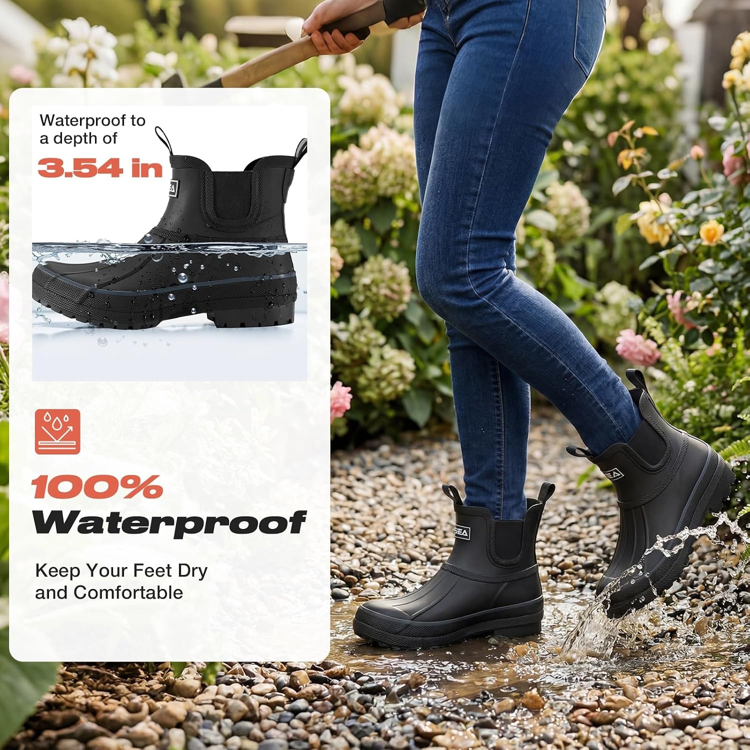 image:imageHISEA Womens Duck Chelsea Rain Boots Waterproof Short Garden Boot Outdoor Mud BootsBlack