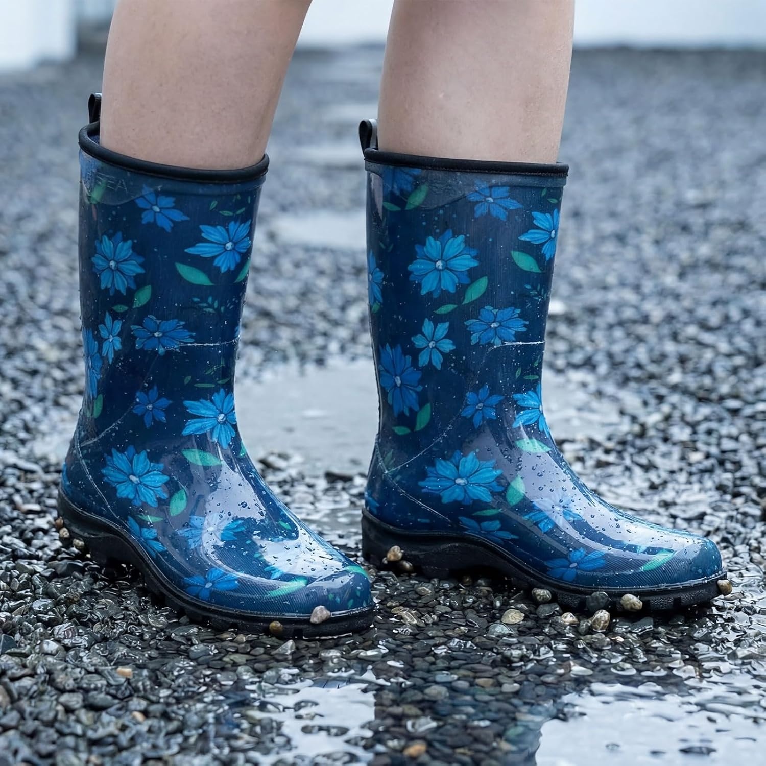 image:imageHISEA Womens Garden Boots Upgraded Wide Round Toe Mid Calf Waterproof Rain Boots NonSlip PVC Mud Boots for Outdoor Farm Work amp GardeningBlue Flower