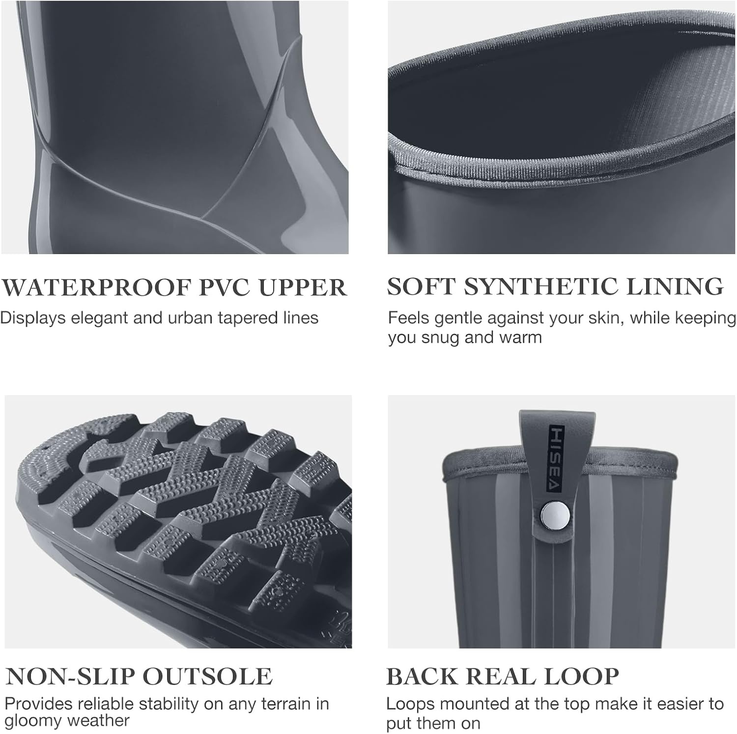 image:imageHISEA Womens Mid Calf Rain Boots Waterproof Garden Shoes Glossy Rubber PVC Rainboots with Wide Toe Box Lightweight Outdoor Mud Boots for Gardening Farm Dog Walking Yard ChoresGrey