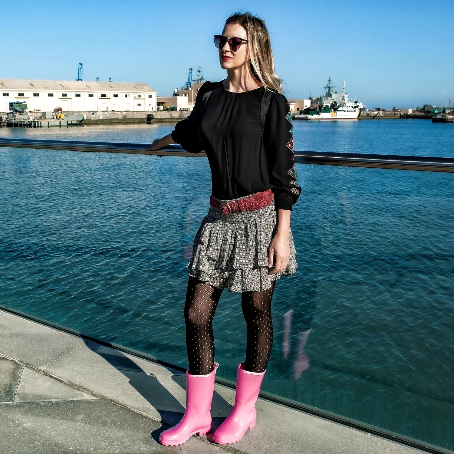 image:imageHISEA Womens Mid Calf Rain Boots Waterproof Garden Shoes Glossy Rubber PVC Rainboots with Wide Toe Box Lightweight Outdoor Mud Boots for Gardening Farm Dog Walking Yard ChoresPink