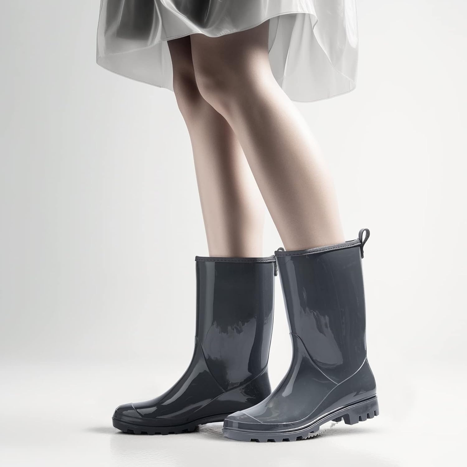 image:imageHISEA Womens Mid Calf Rain Boots Waterproof Garden Shoes Glossy Rubber PVC Rainboots with Wide Toe Box Lightweight Outdoor Mud Boots for Gardening Farm Dog Walking Yard ChoresGrey