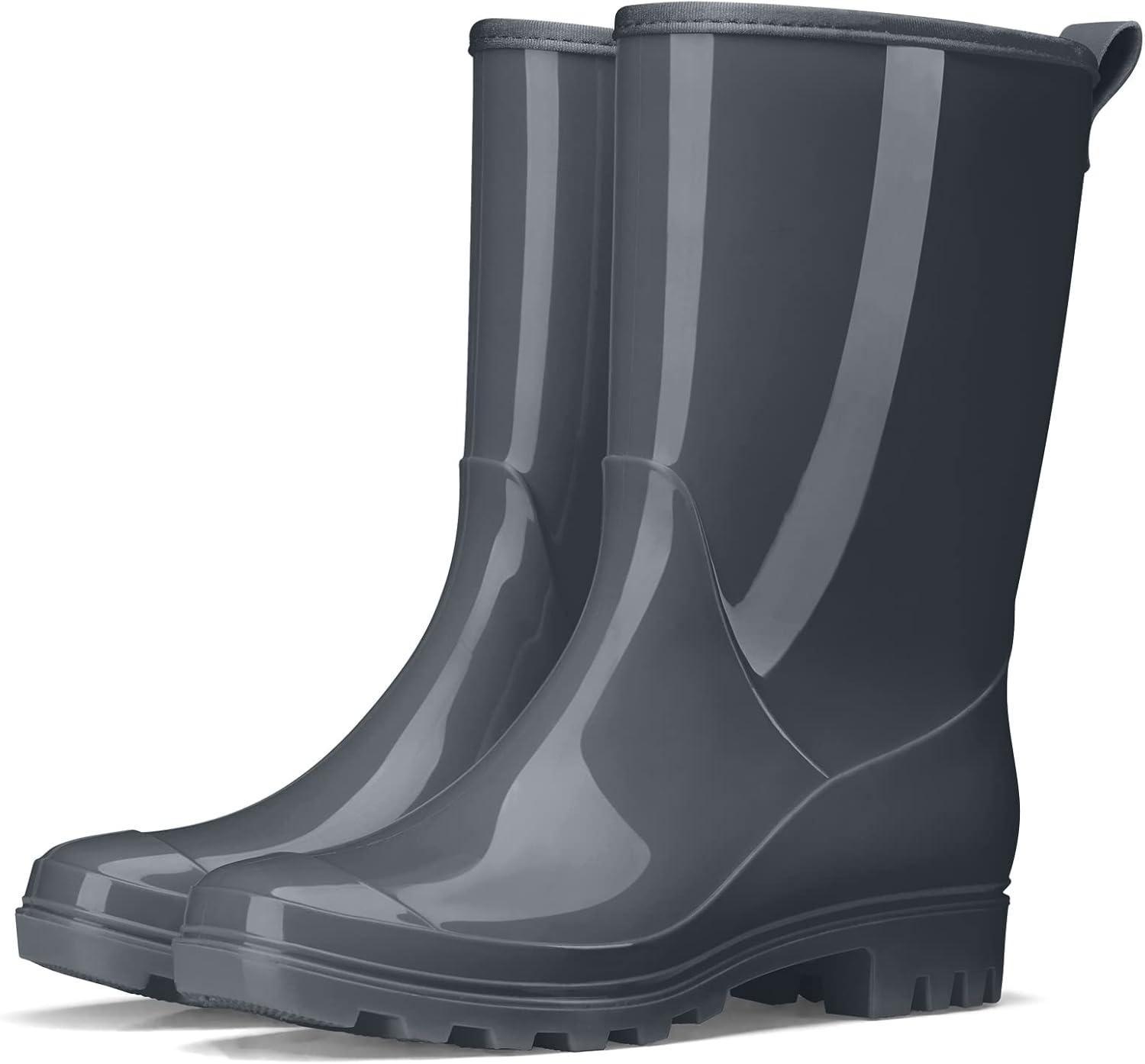 image:imageHISEA Womens Mid Calf Rain Boots Waterproof Garden Shoes Glossy Rubber PVC Rainboots with Wide Toe Box Lightweight Outdoor Mud Boots for Gardening Farm Dog Walking Yard ChoresGrey