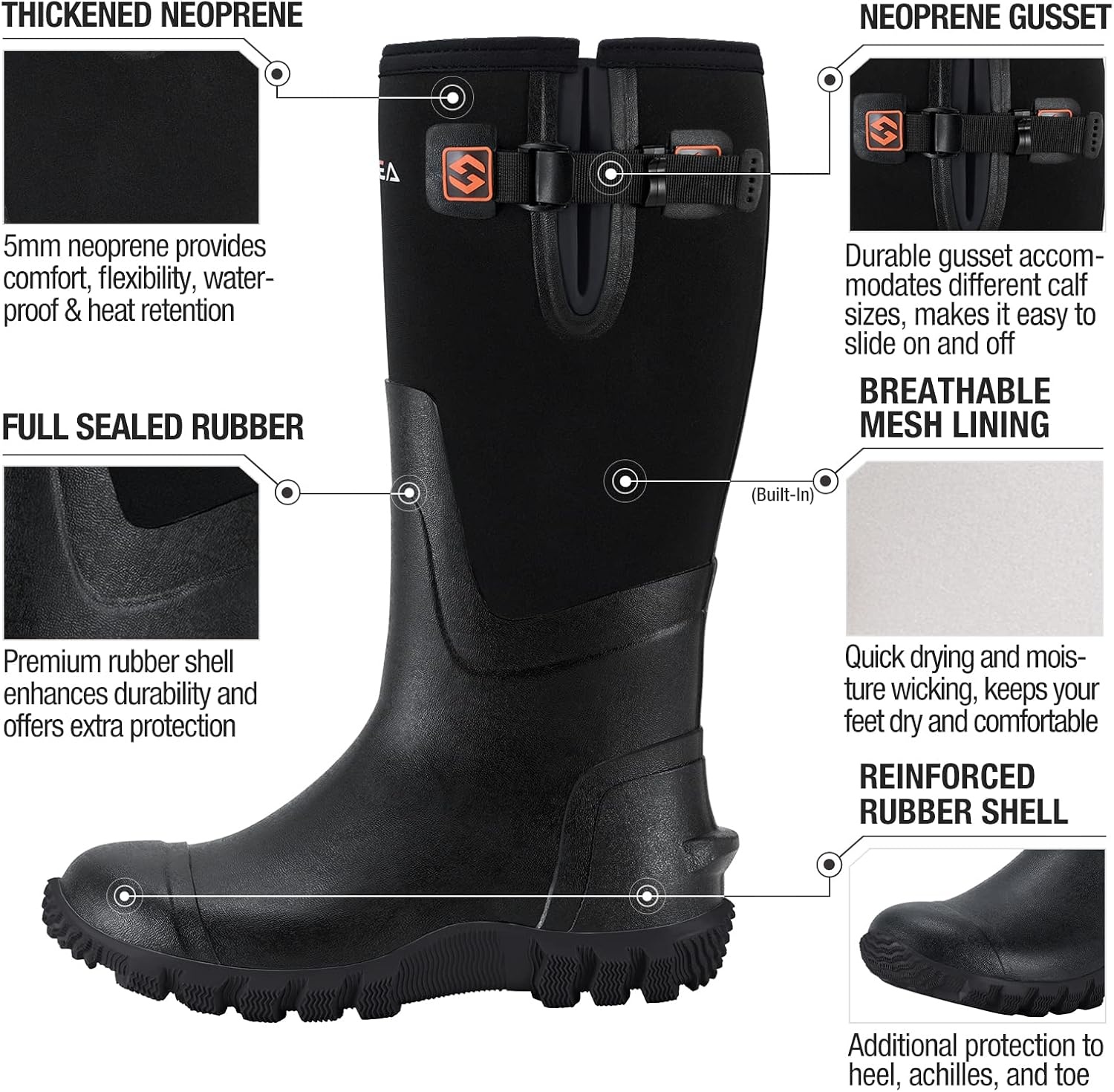 image:imageHISEA Womens Mid Calf Rain Boots Waterproof Rubber Boot for Garden Mud WorkingBlack