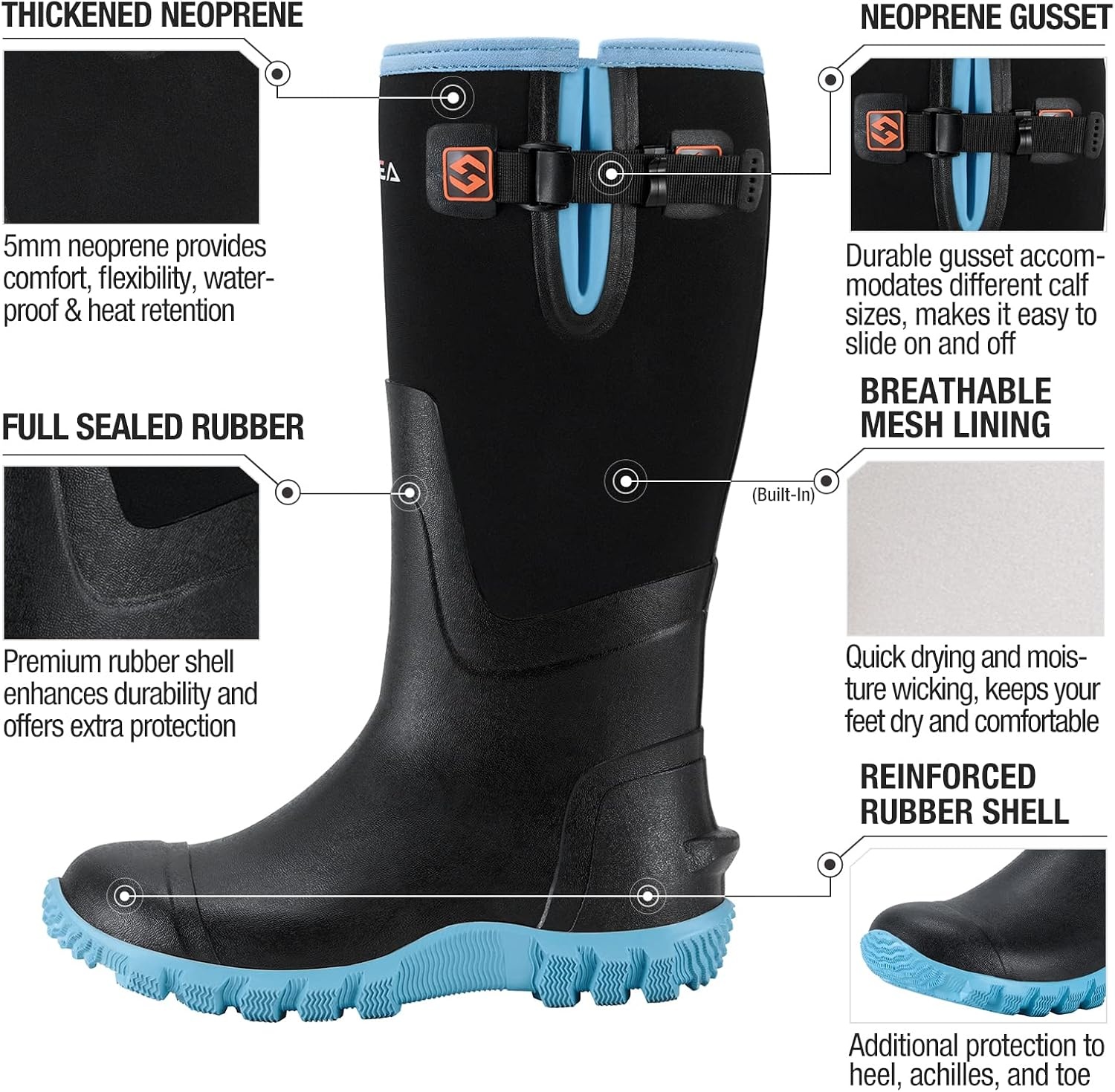 image:imageHISEA Womens Mid Calf Rain Boots Waterproof Rubber Boot for Garden Mud WorkingBlue
