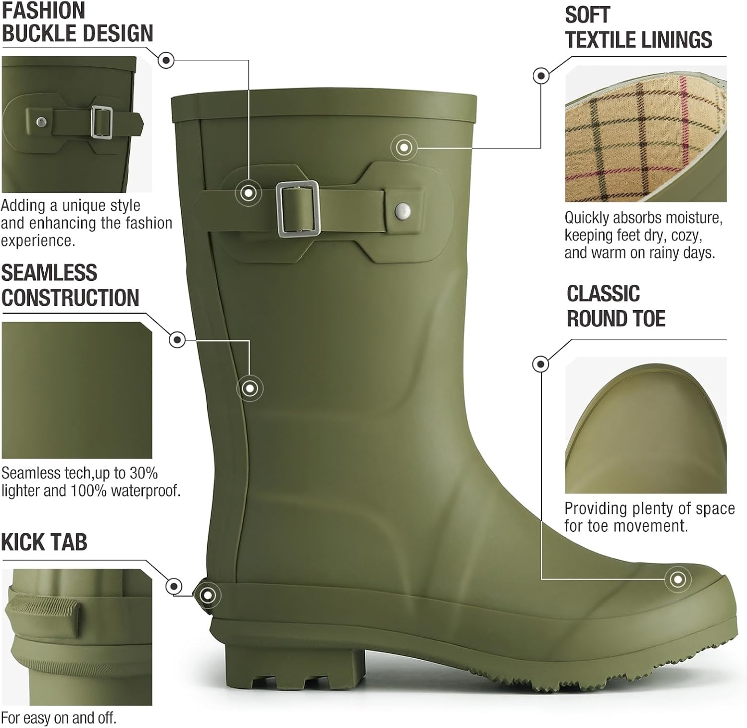 image:imageHISEA Womens Mid Calf Rubber Rain Boots Waterproof Wellington Garden Boots