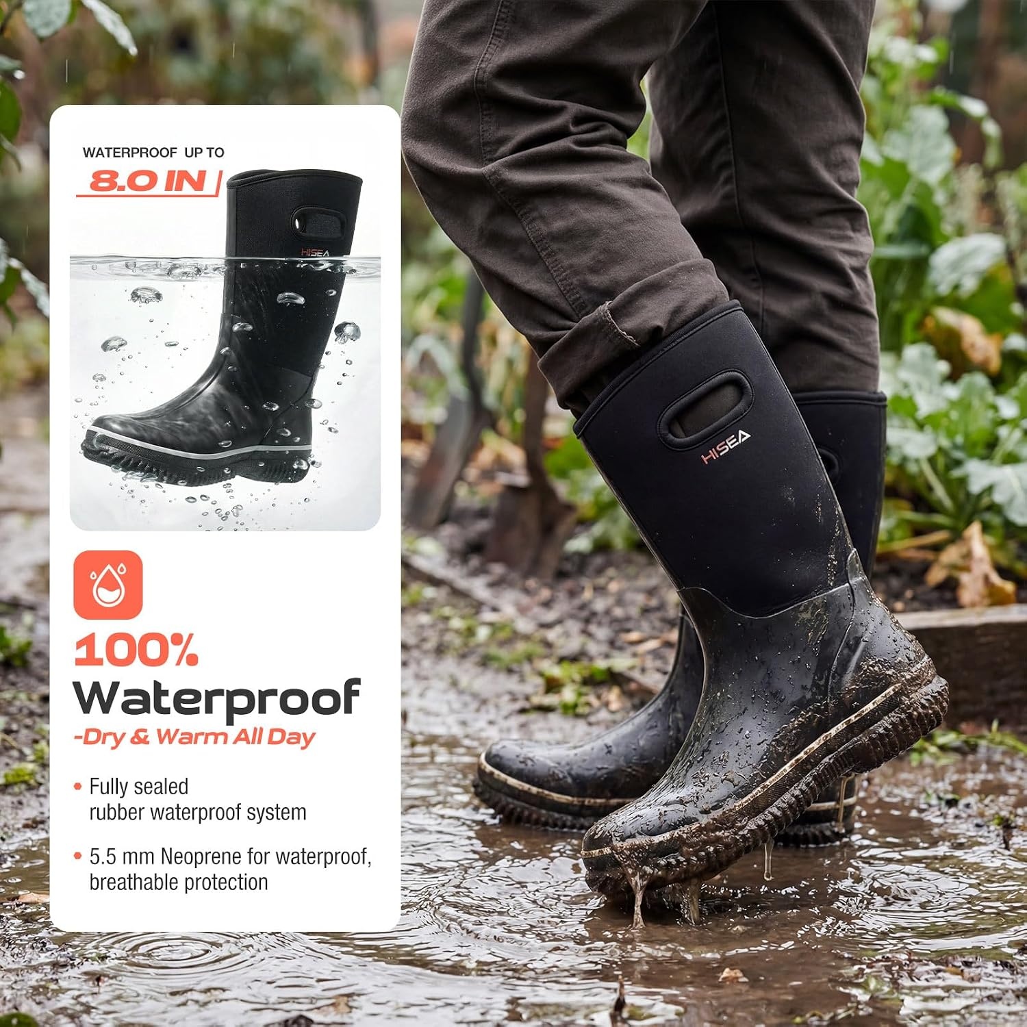 image:imageHISEA Womens Mud Rain Boots Waterproof Insulated Calf Fashion Garden Shoes for Ladies AntiSlip Tall Knee High booties 55mm Neoprene Rubber for Outdoor WorkBlack