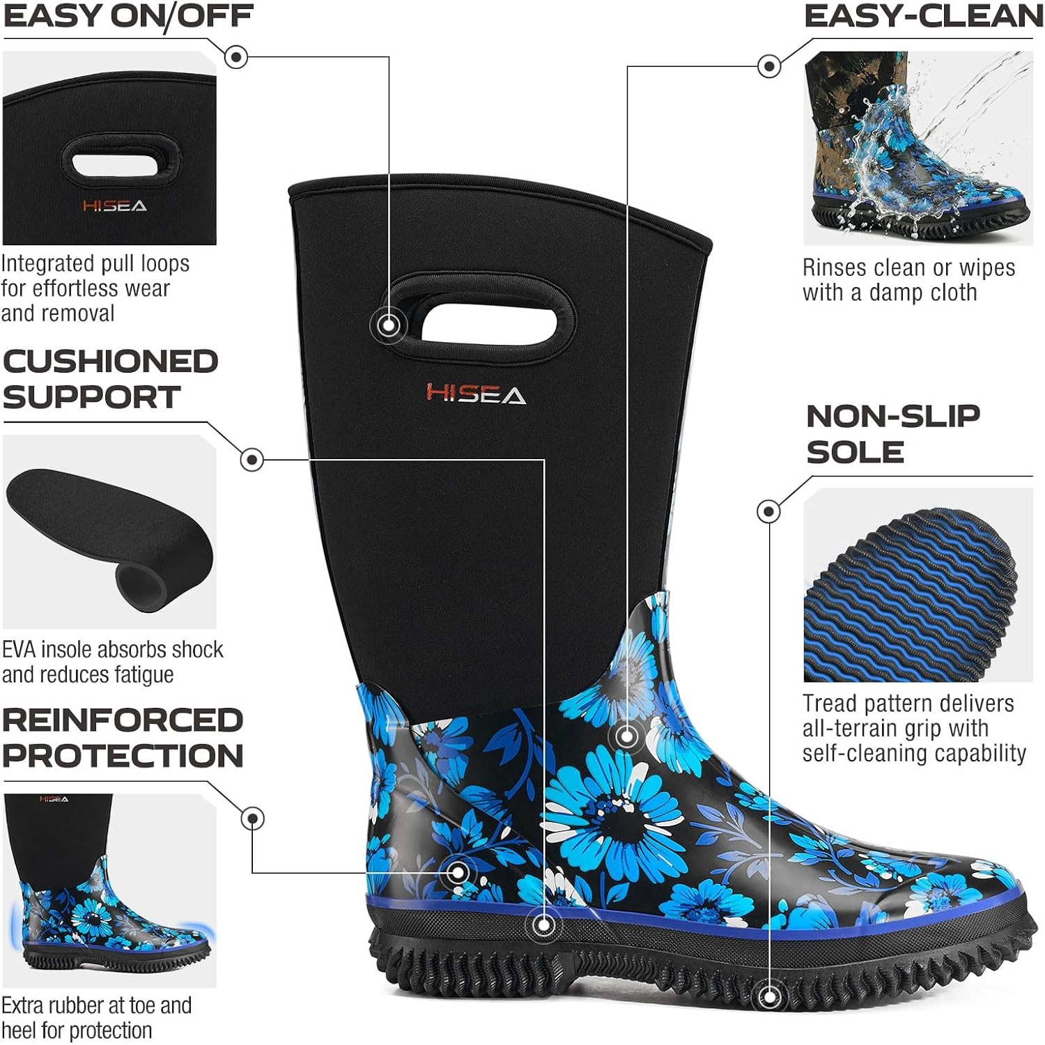 image:imageHISEA Womens Mud Rain Boots Waterproof Insulated Calf Fashion Garden Shoes for Ladies AntiSlip Tall Knee High booties 55mm Neoprene Rubber for Outdoor WorkBlue Floral