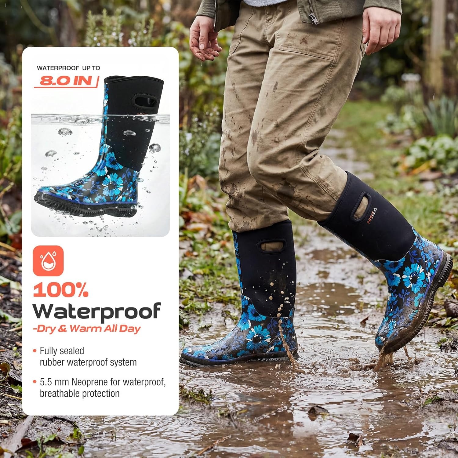 image:imageHISEA Womens Mud Rain Boots Waterproof Insulated Calf Fashion Garden Shoes for Ladies AntiSlip Tall Knee High booties 55mm Neoprene Rubber for Outdoor WorkBlue Floral