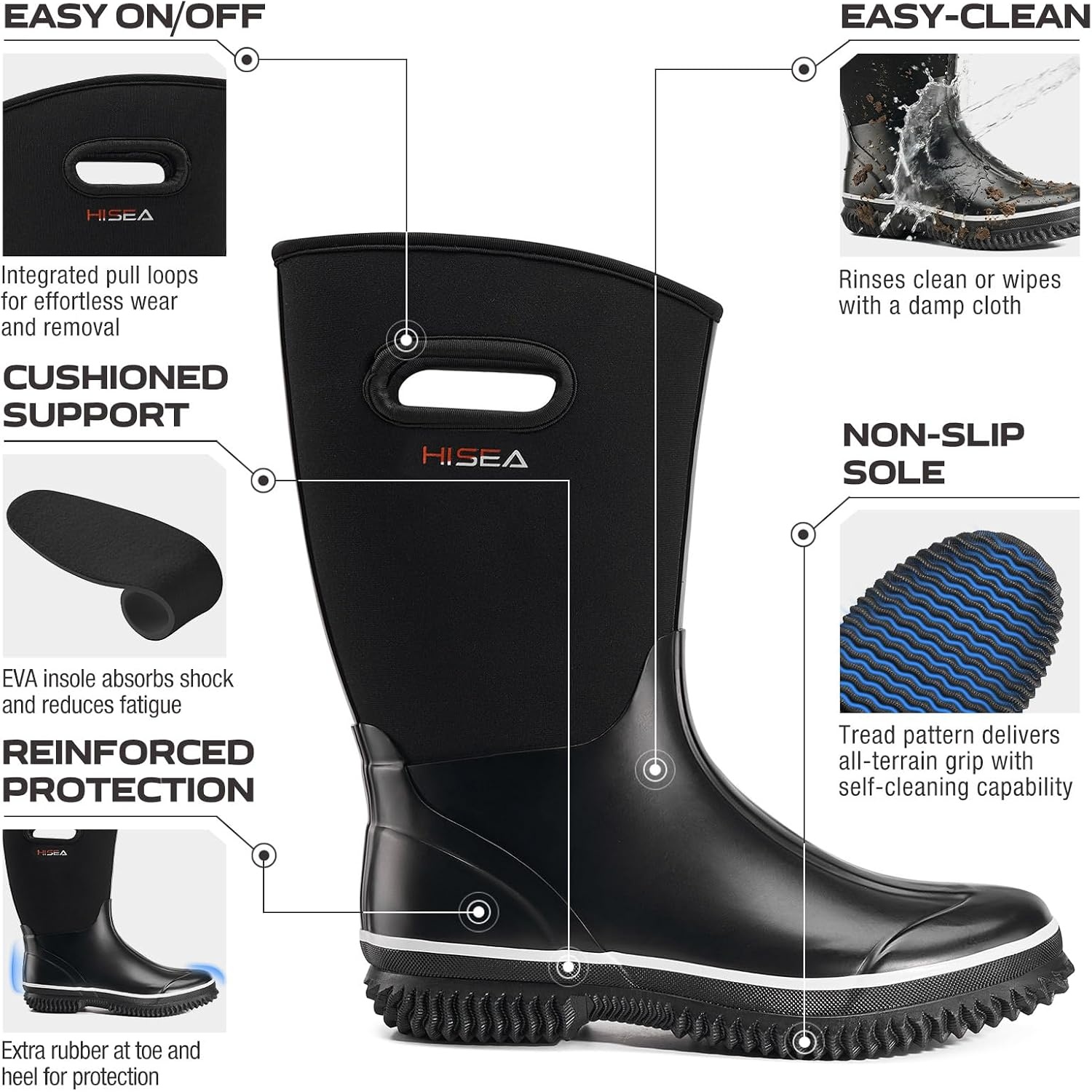 image:imageHISEA Womens Mud Rain Boots Waterproof Insulated Calf Fashion Garden Shoes for Ladies AntiSlip Tall Knee High booties 55mm Neoprene Rubber for Outdoor WorkBlack