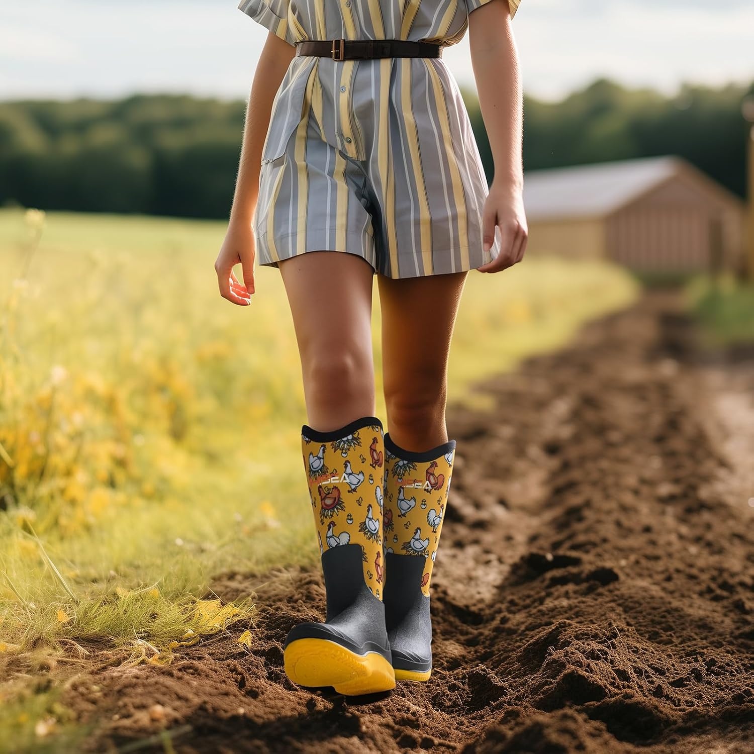 image:imageHISEA Womens Mud Rain Boots Waterproof Tall Garden Shoes Insulated Neoprene Rubber for Outdoor Activities Hunting Gardening Farming Muddy Yard Work Sizes US 611Yellow Chicken