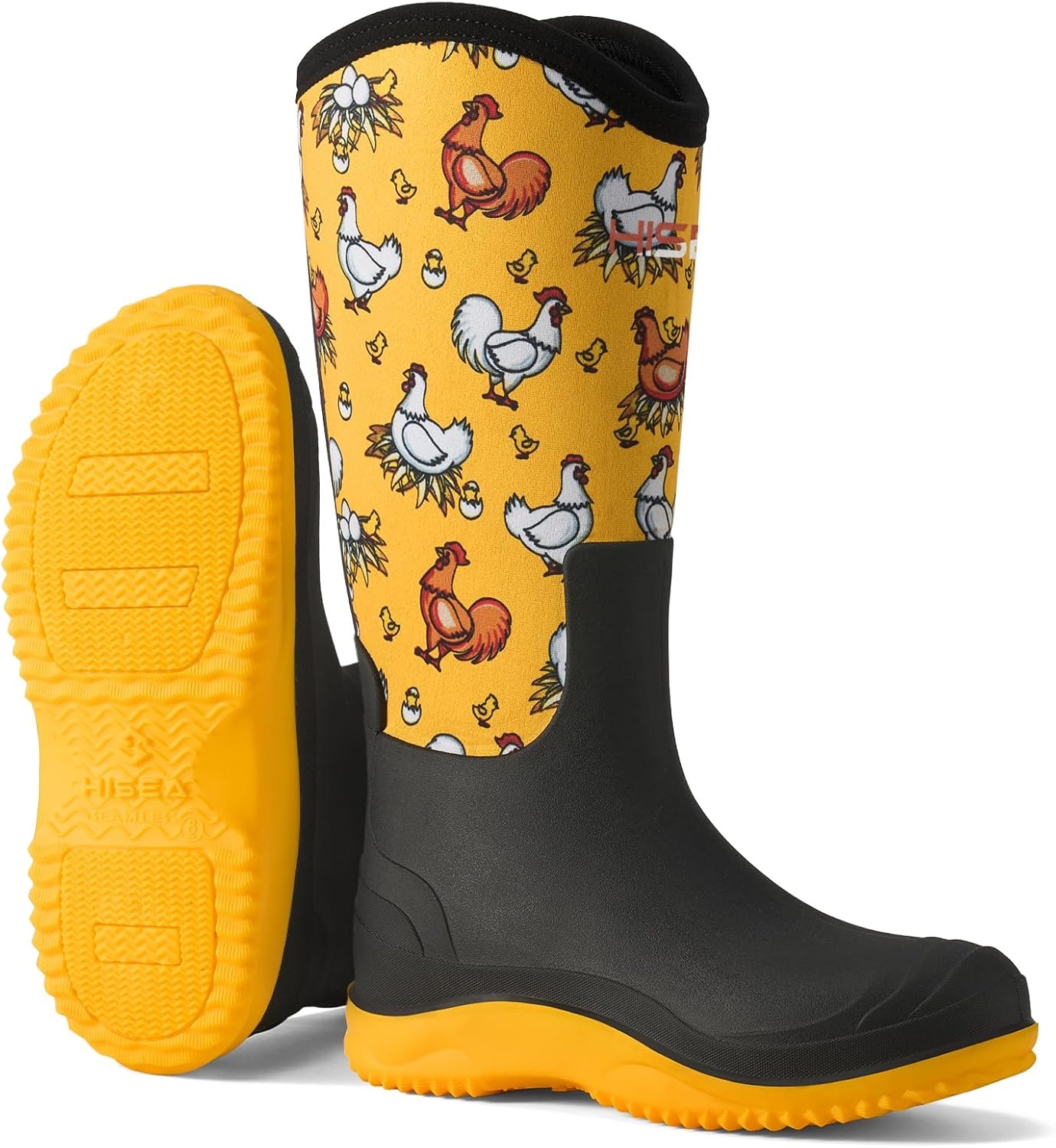 image:imageHISEA Womens Mud Rain Boots Waterproof Tall Garden Shoes Insulated Neoprene Rubber for Outdoor Activities Hunting Gardening Farming Muddy Yard Work Sizes US 611Yellow Chicken