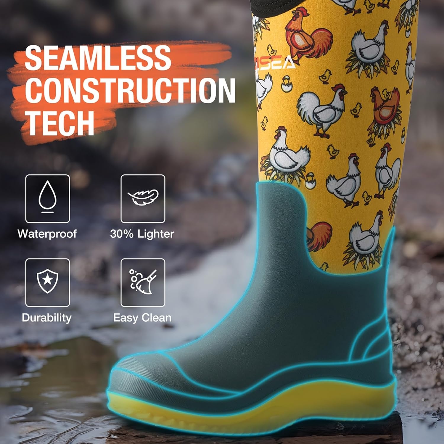 image:imageHISEA Womens Mud Rain Boots Waterproof Tall Garden Shoes Insulated Neoprene Rubber for Outdoor Activities Hunting Gardening Farming Muddy Yard Work Sizes US 611Yellow Chicken