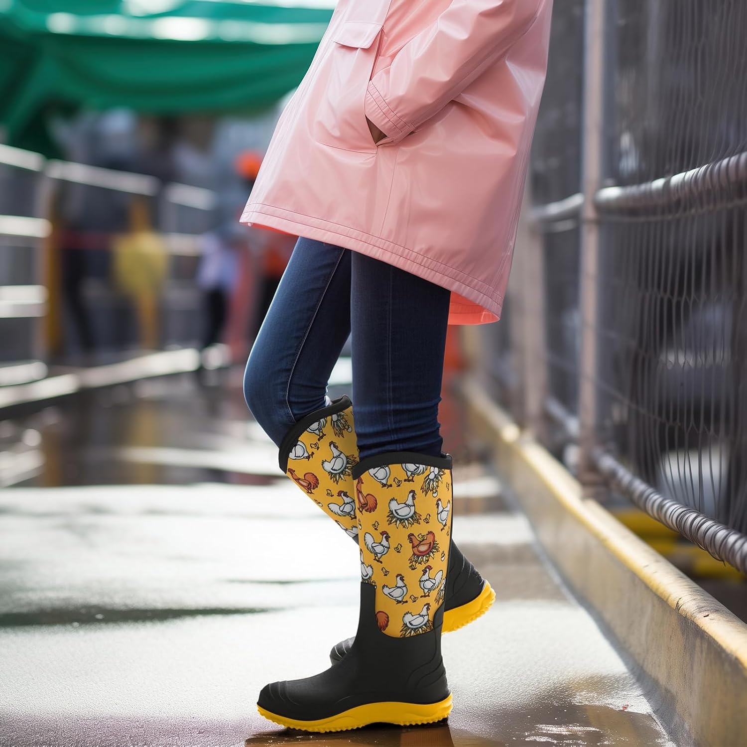 image:imageHISEA Womens Mud Rain Boots Waterproof Tall Garden Shoes Insulated Neoprene Rubber for Outdoor Activities Hunting Gardening Farming Muddy Yard Work Sizes US 611Yellow Chicken
