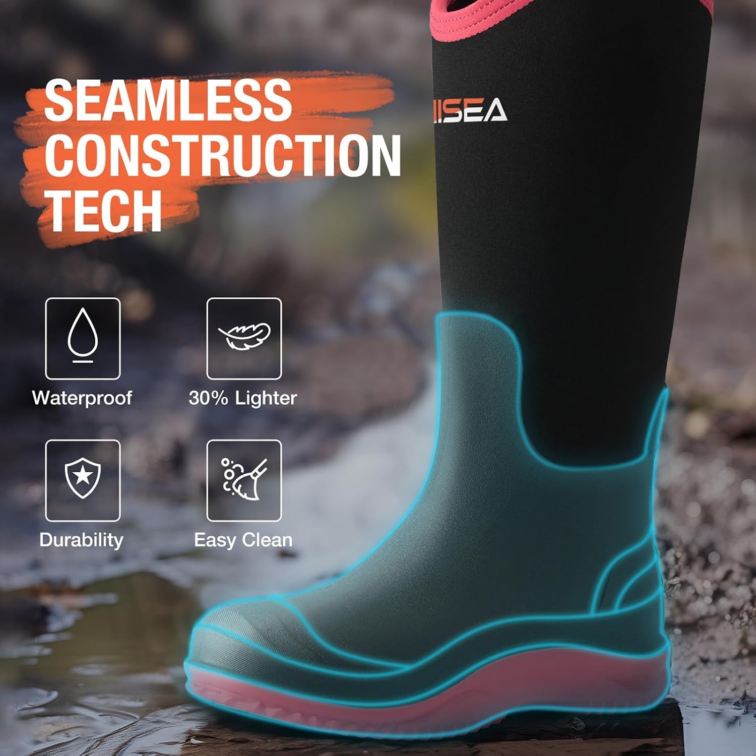 image:imageHISEA Womens Mud Rain Boots Waterproof Tall Garden Shoes Insulated Neoprene Rubber for Outdoor Activities Hunting Gardening Farming Muddy Yard Work Sizes US 611Black