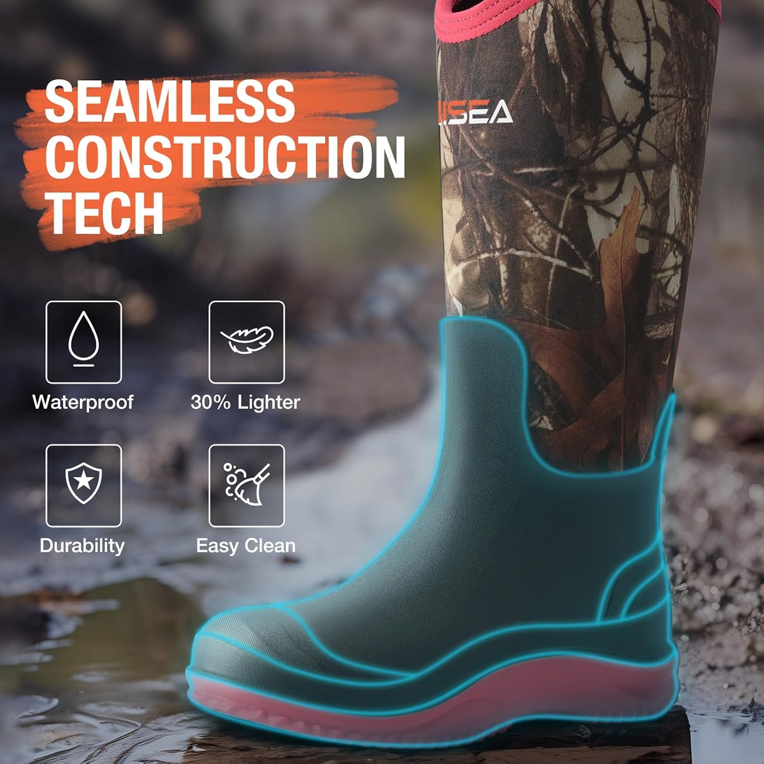 image:imageHISEA Womens Mud Rain Boots Waterproof Tall Garden Shoes Insulated Neoprene Rubber for Outdoor Activities Hunting Gardening Farming Muddy Yard Work Sizes US 611Camo