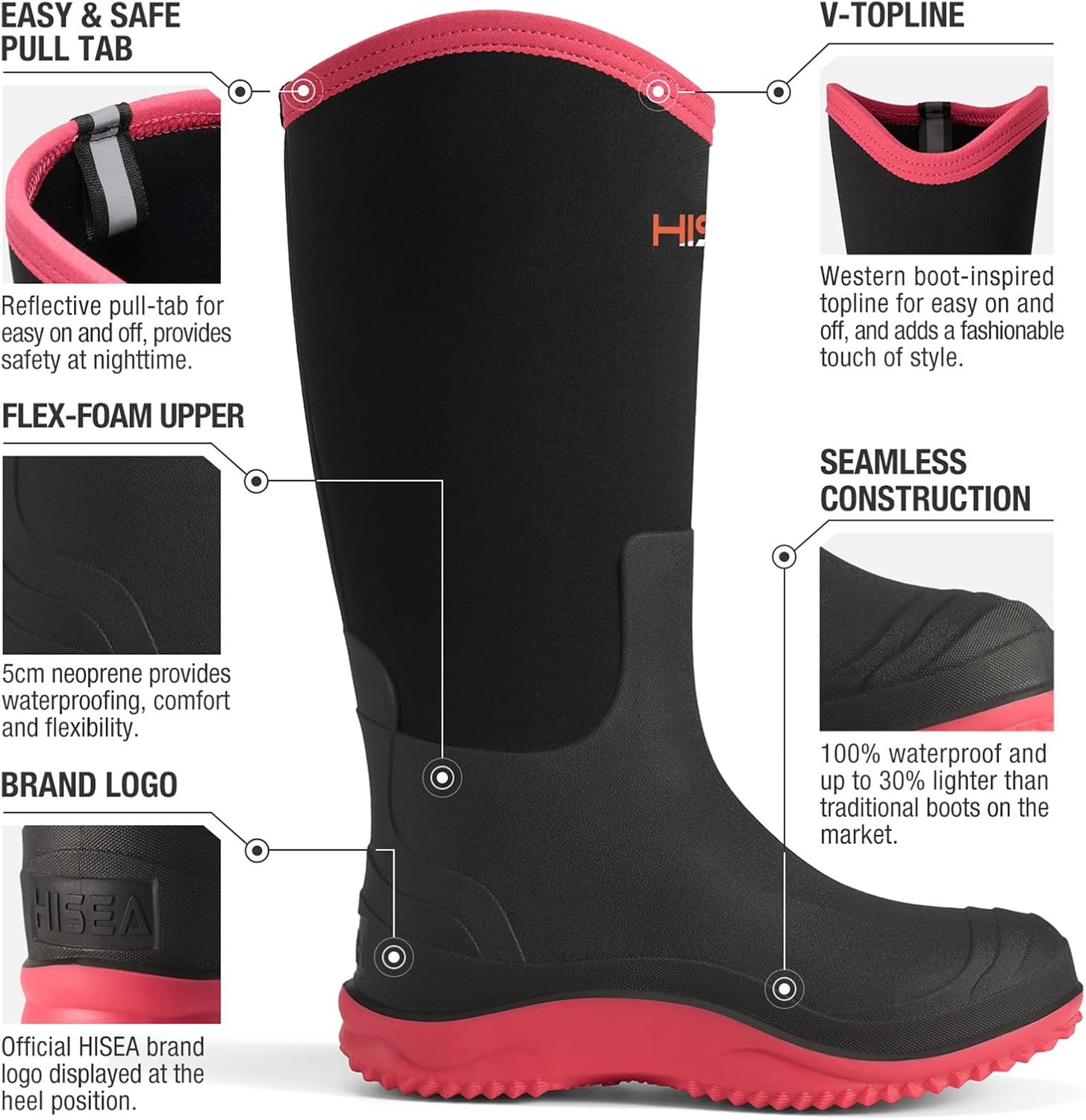 image:imageHISEA Womens Mud Rain Boots Waterproof Tall Garden Shoes Insulated Neoprene Rubber for Outdoor Activities Hunting Gardening Farming Muddy Yard Work Sizes US 611Black