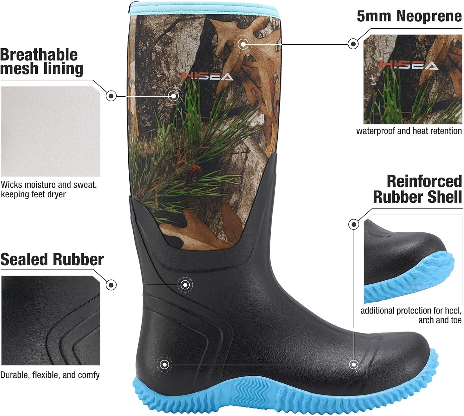 image:imageHISEA Womens Rain Boots Knee High Rubber Boots Waterproof Insulated Neoprene Mud Boots AntiSlip Outdoor Work Boots for Hunting Gardening Farming Yard Working Size 611Blue Camo
