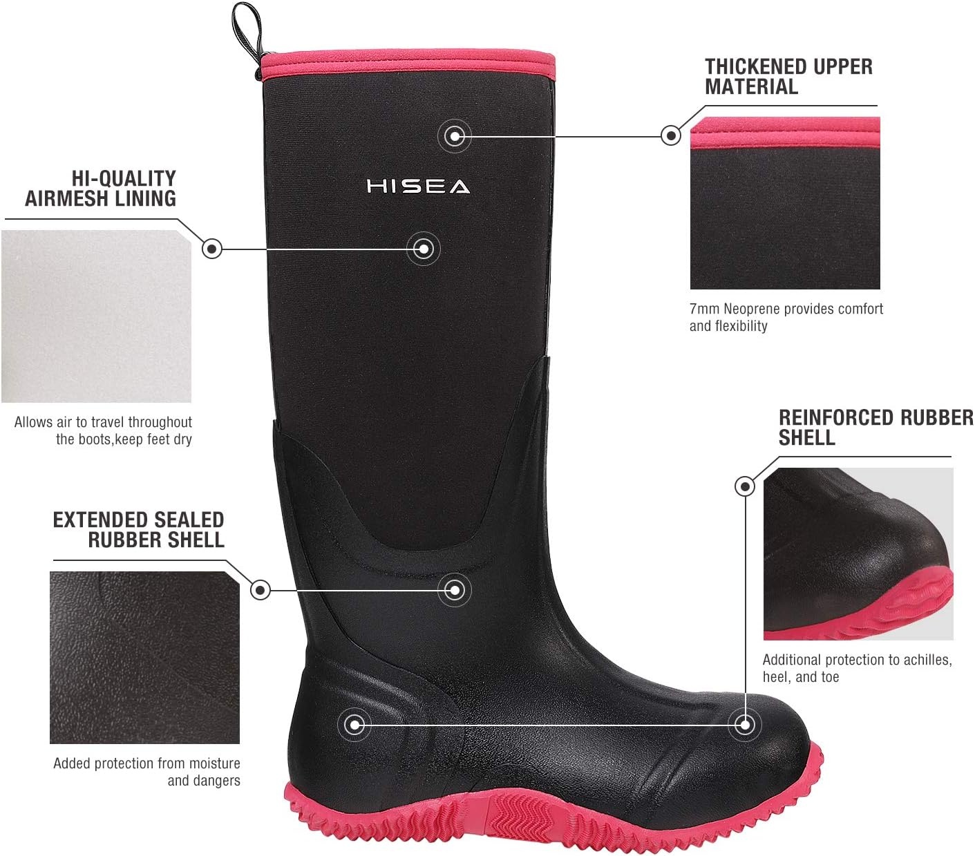 image:imageHISEA Womens Rain Boots Knee High Rubber Boots Waterproof Insulated Neoprene Mud Boots AntiSlip Outdoor Work Boots for Hunting Gardening Farming Yard Working Size 611Pink