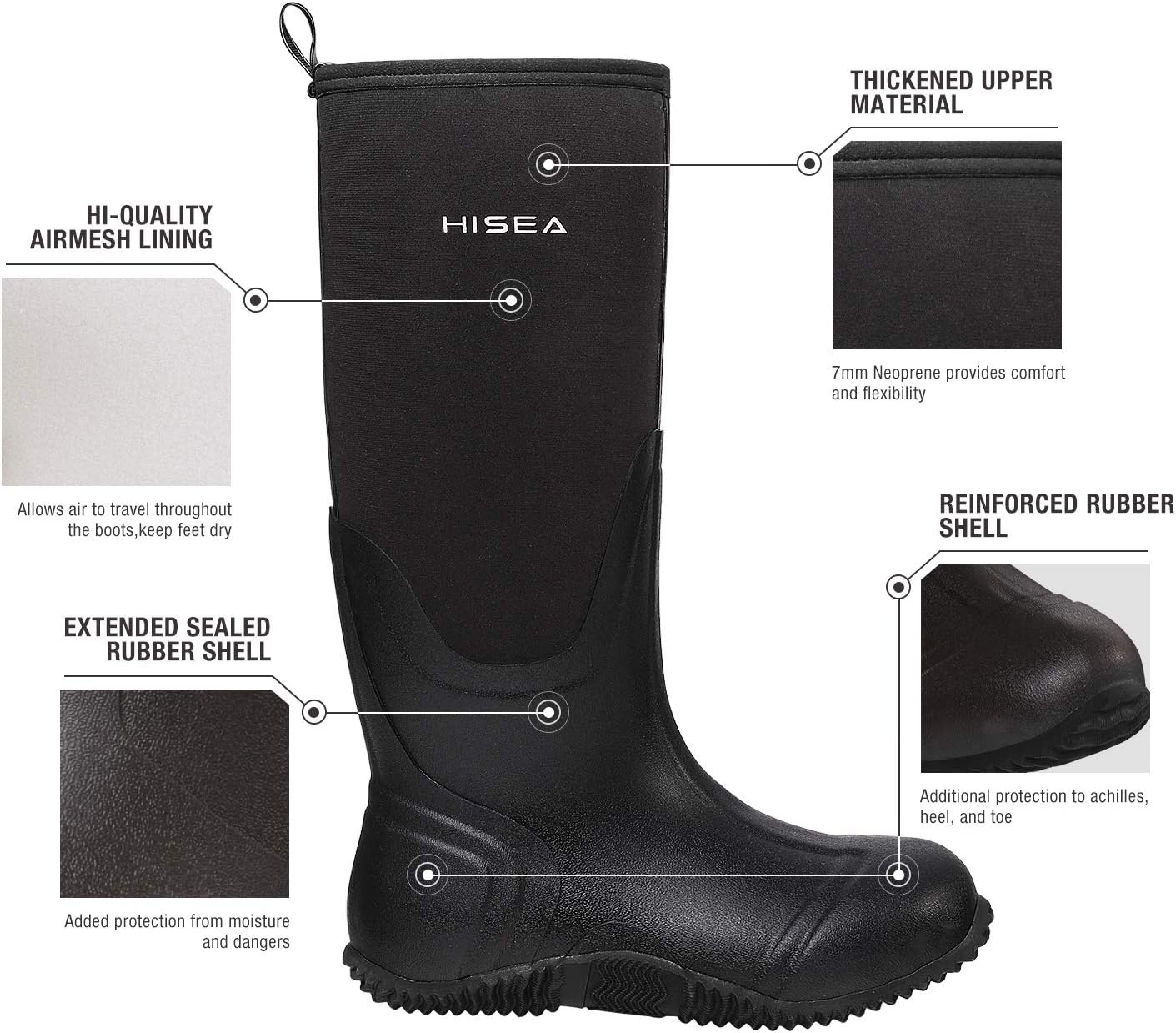 image:imageHISEA Womens Rain Boots Knee High Rubber Boots Waterproof Insulated Neoprene Mud Boots AntiSlip Outdoor Work Boots for Hunting Gardening Farming Yard Working Size 611Black