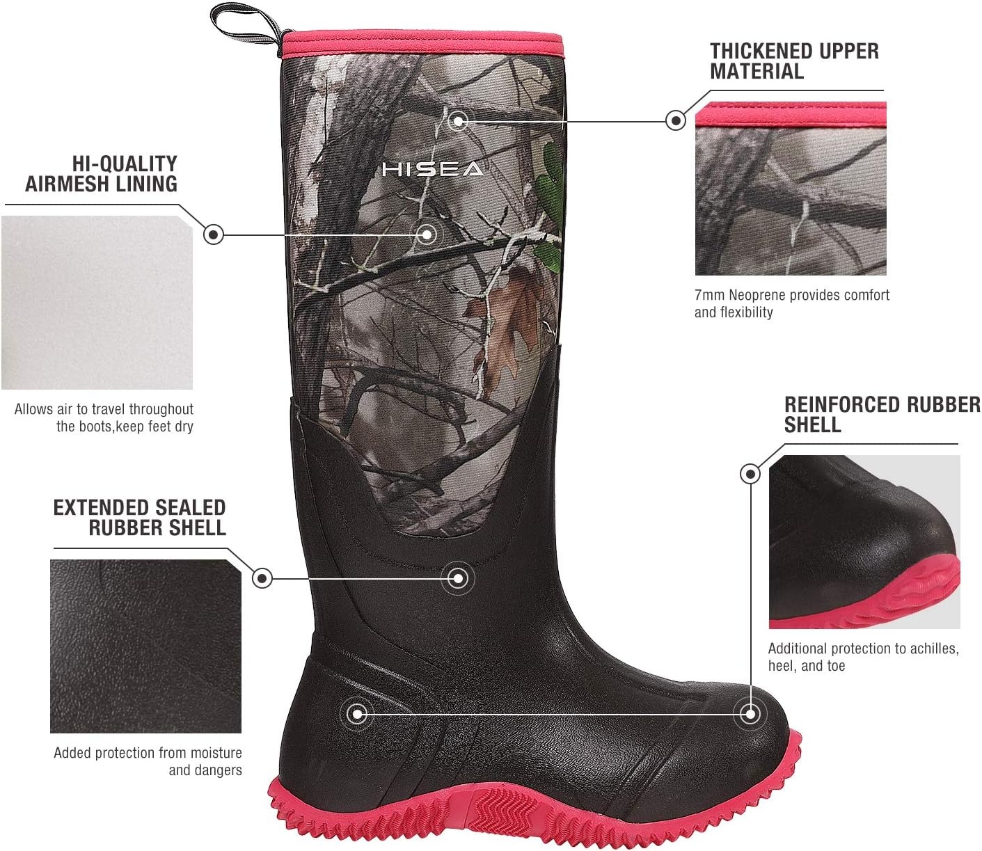 image:imageHISEA Womens Rain Boots Knee High Rubber Boots Waterproof Insulated Neoprene Mud Boots AntiSlip Outdoor Work Boots for Hunting Gardening Farming Yard Working Size 611Camo