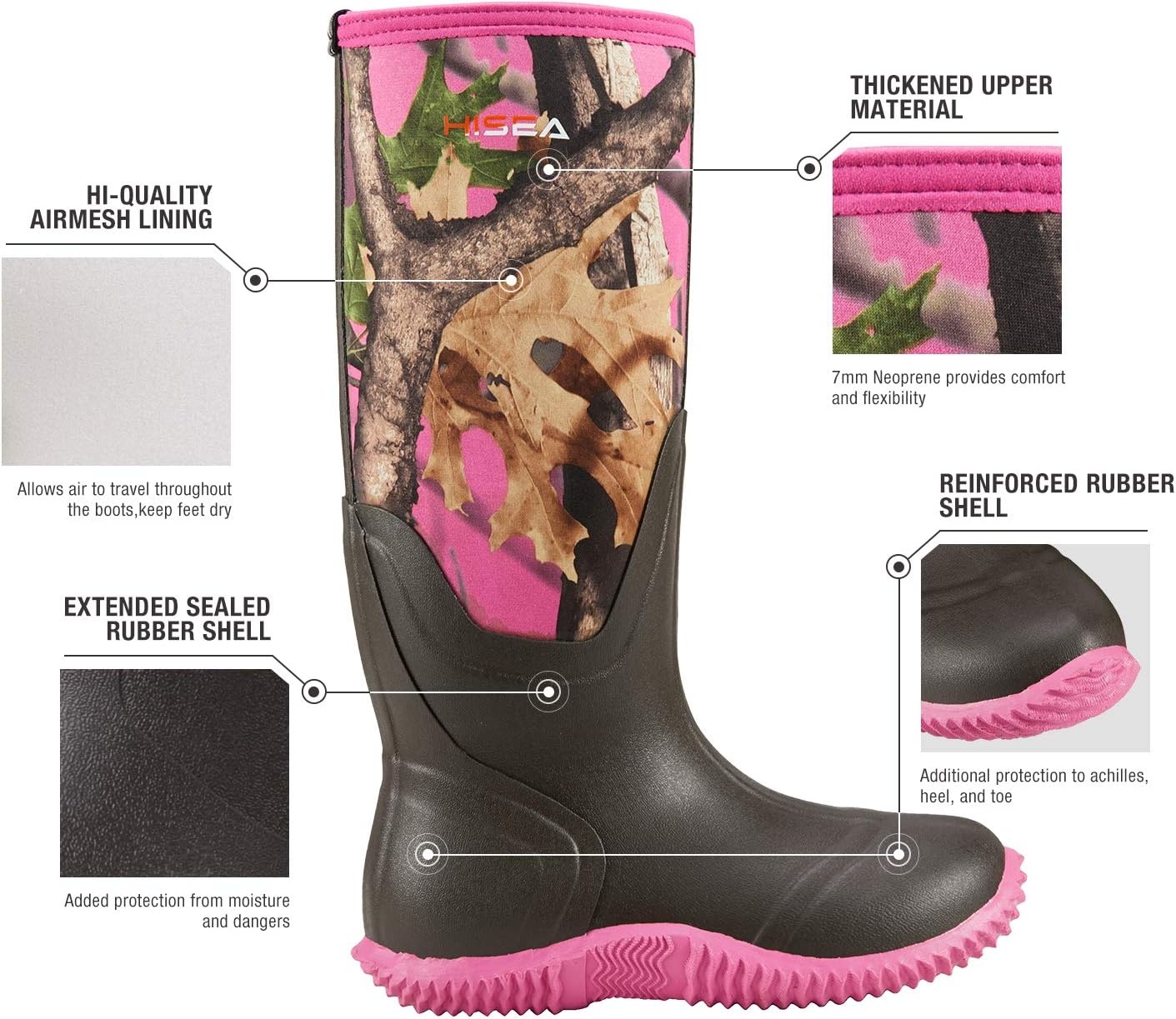 image:imageHISEA Womens Rain Boots Knee High Rubber Boots Waterproof Insulated Neoprene Mud Boots AntiSlip Outdoor Work Boots for Hunting Gardening Farming Yard Working Size 611Pink Camo