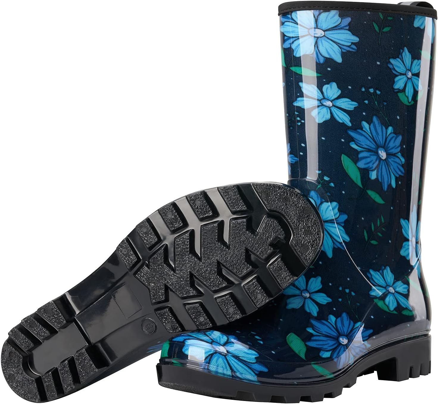 image:imageHISEA Womens Rain Boots Waterproof Mid Calf Garden Boots for WomenBlue Flower