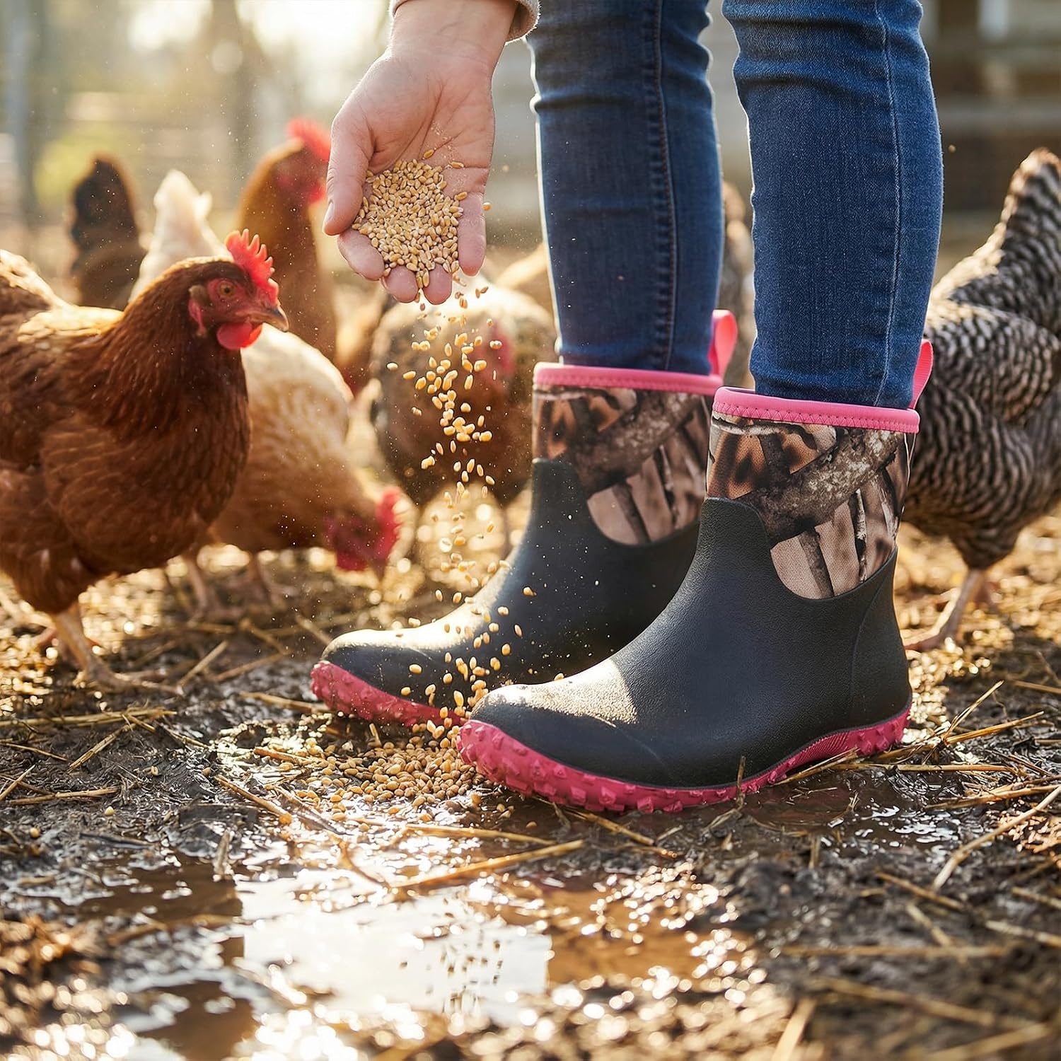image:imageHISEA Womens Rubber Boots Waterproof Ankle Rain Boots Insulated Neoprene Mud Boots AntiSlip Outdoor Work Shoes for Hunting Gardening Farming Yard WorkingCamo
