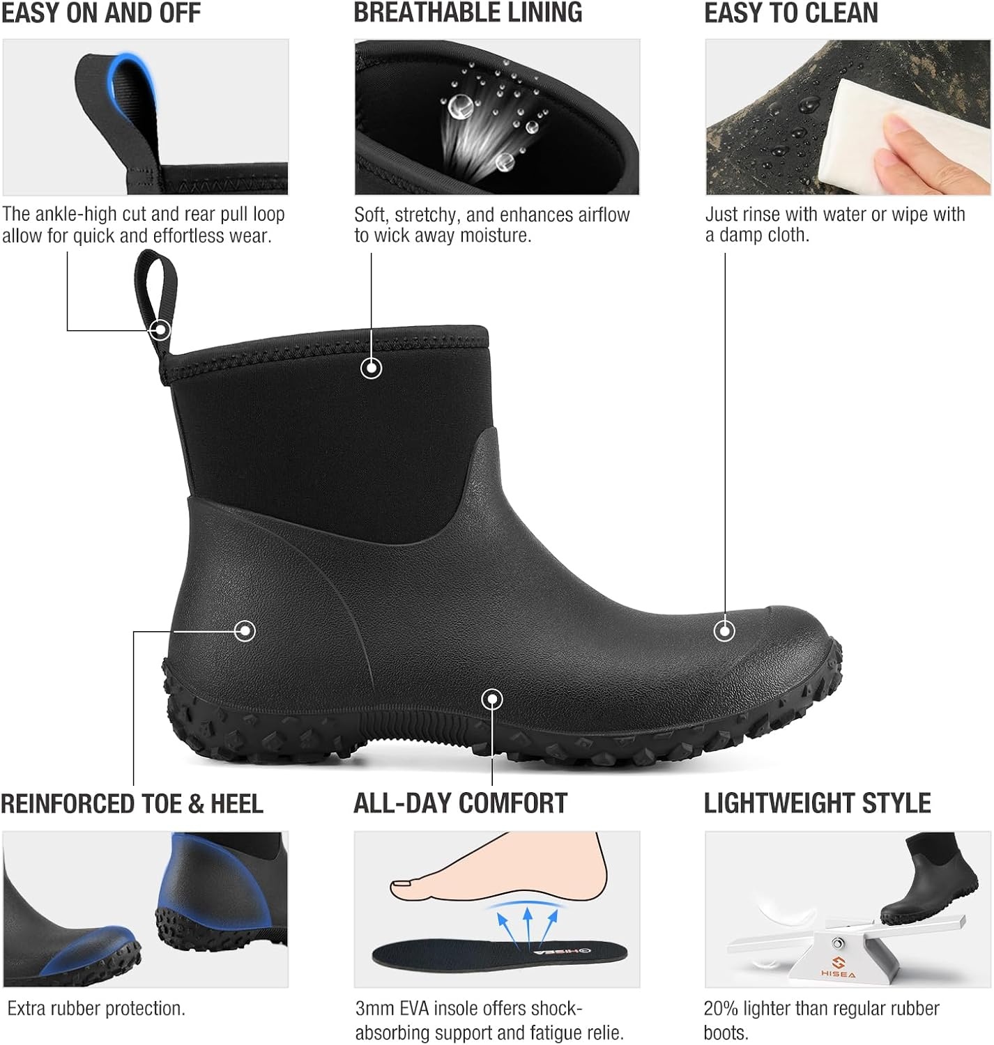 image:imageHISEA Womens Rubber Boots Waterproof Ankle Rain Boots Insulated Neoprene Mud Boots AntiSlip Outdoor Work Shoes for Hunting Gardening Farming Yard WorkingBlack