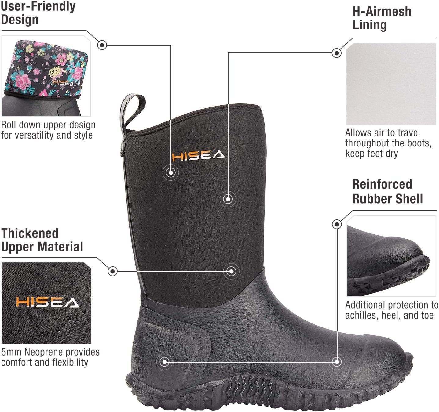 image:imageHISEA Womens Rubber Garden Boots Waterproof Insulated Yard Gardening Shoes Mid Height for Mud Working OutdoorBlack