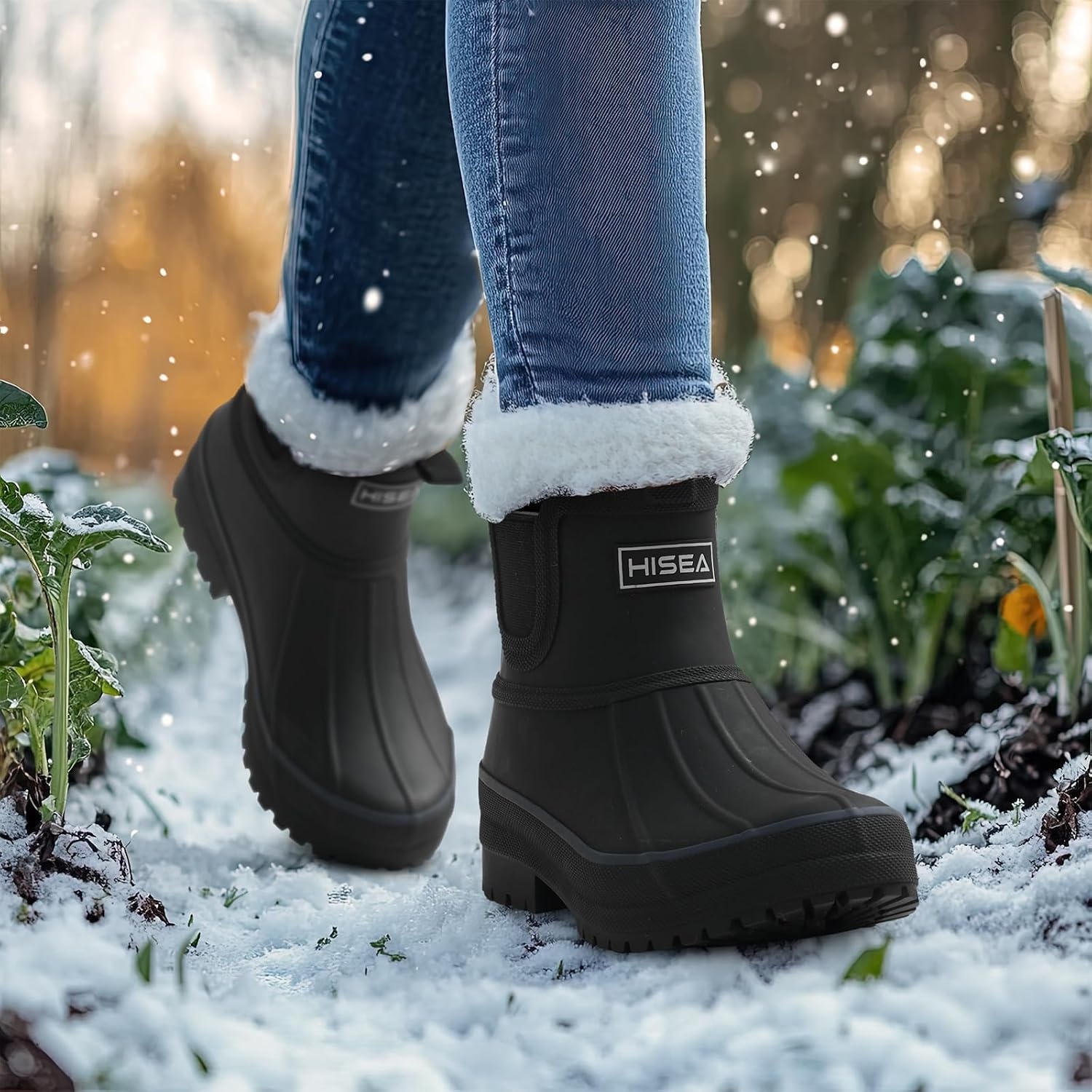 image:imageHISEA Womens Saltwater Winter Rain Boots Waterproof Duck Chelsea Lined Outdoor Garden BootBlack